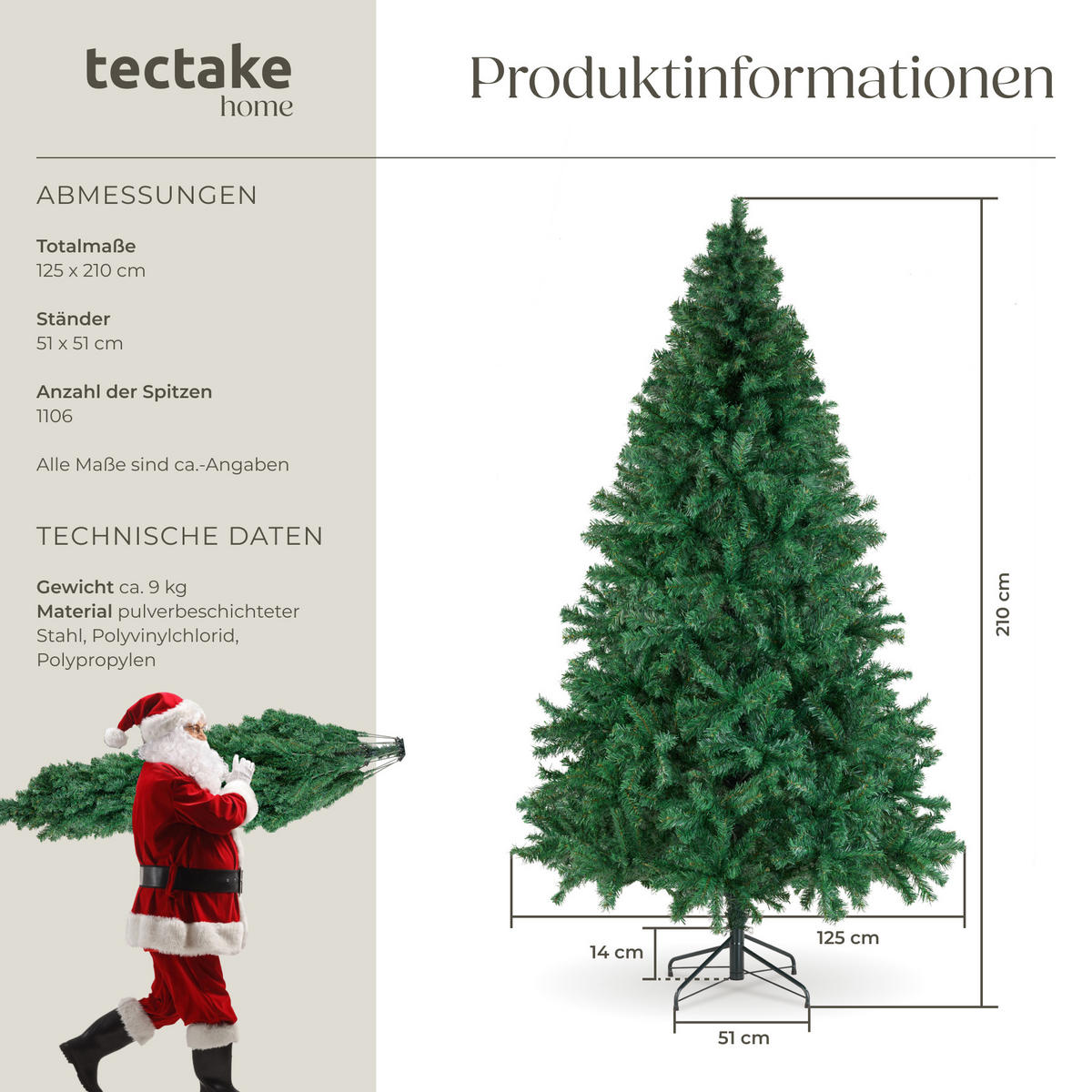 WEIHNACHTSBAUM Dasher,pulverbeschichteter Metallständer mit Kunststoffkappen ,grün - Grün, Kunststoff (210cm) - tectake