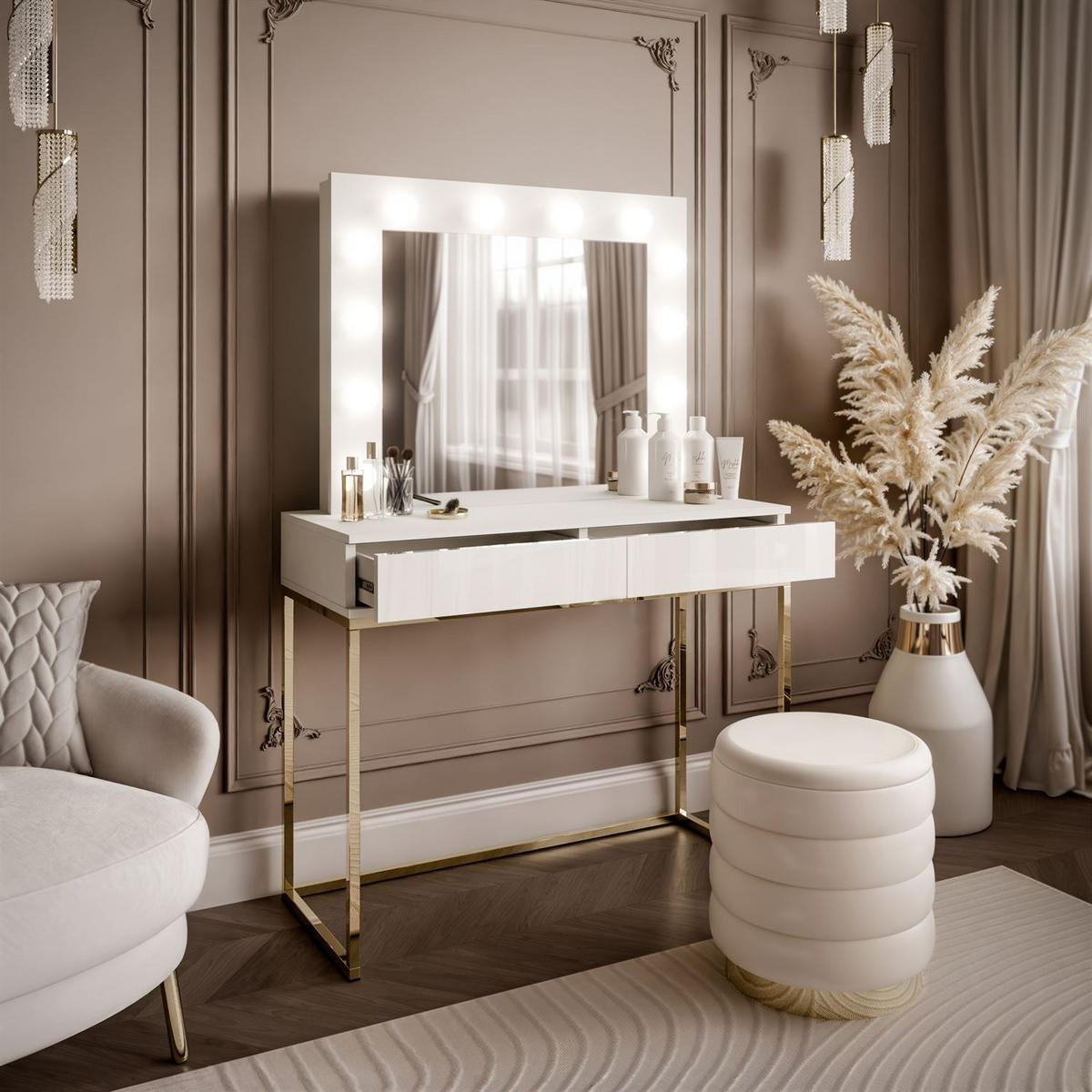 SCHMINKTISCH BLANCO mit Spiegel und Beleuchtung Gold Chrom Weiß Hochglanz PUSH OPEN - Weiß Hochglanz/Goldfarben, Holzwerkstoff (100/146/42cm) - Lookway