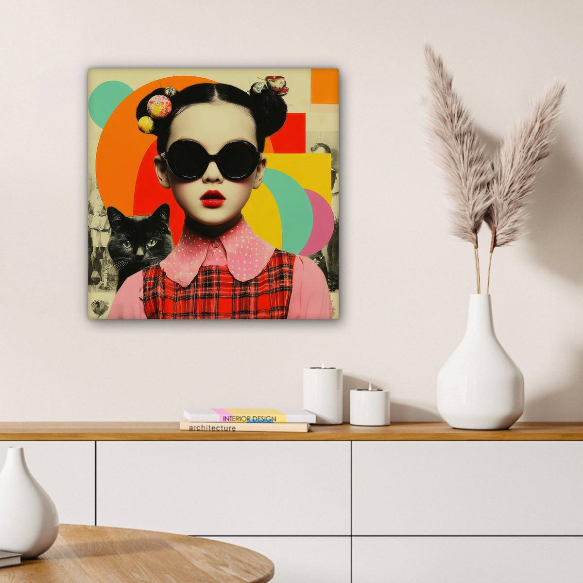 LEINWANDBILD Mädchen - Sonnenbrille - Katze - Retro Wandbild Wohnzimmer 50x50 cm - Beige, Textil (50/50cm) - MuchoWow