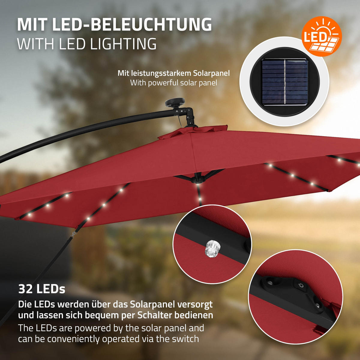 AMPELSCHIRM Ø 330 cm in Rot aus Aluminium mit LED-Solar - Rot, Metall (330/330cm) - ML-DESIGN