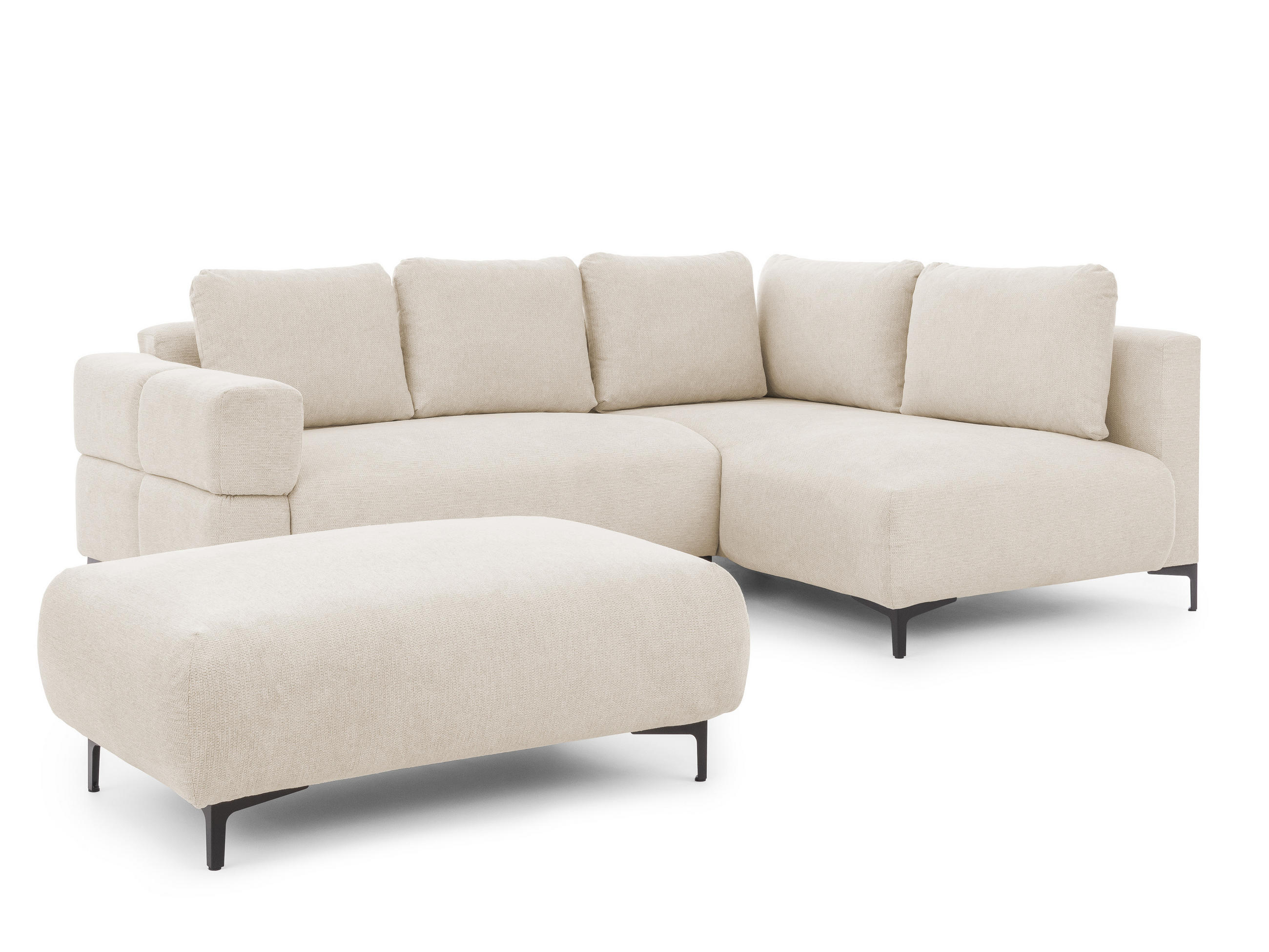 ECKSOFA inkl. Hocker Cardea mit Schlaffunktion in Bubble-Optik aus weichem Hellbeige Strukturstoff und hohem Sitzkomfort - Ottomane rechts - Beige/Schwarz, Holz/Textil (230/170cm) - S-Style Möbel