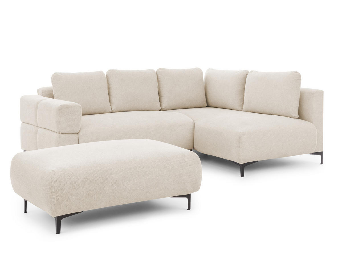 ECKSOFA inkl. Hocker Cardea mit Schlaffunktion in Bubble-Optik aus weichem Hellbeige Strukturstoff und hohem Sitzkomfort - Ottomane rechts - Beige/Schwarz, Holz/Textil (230/170cm) - S-Style Möbel