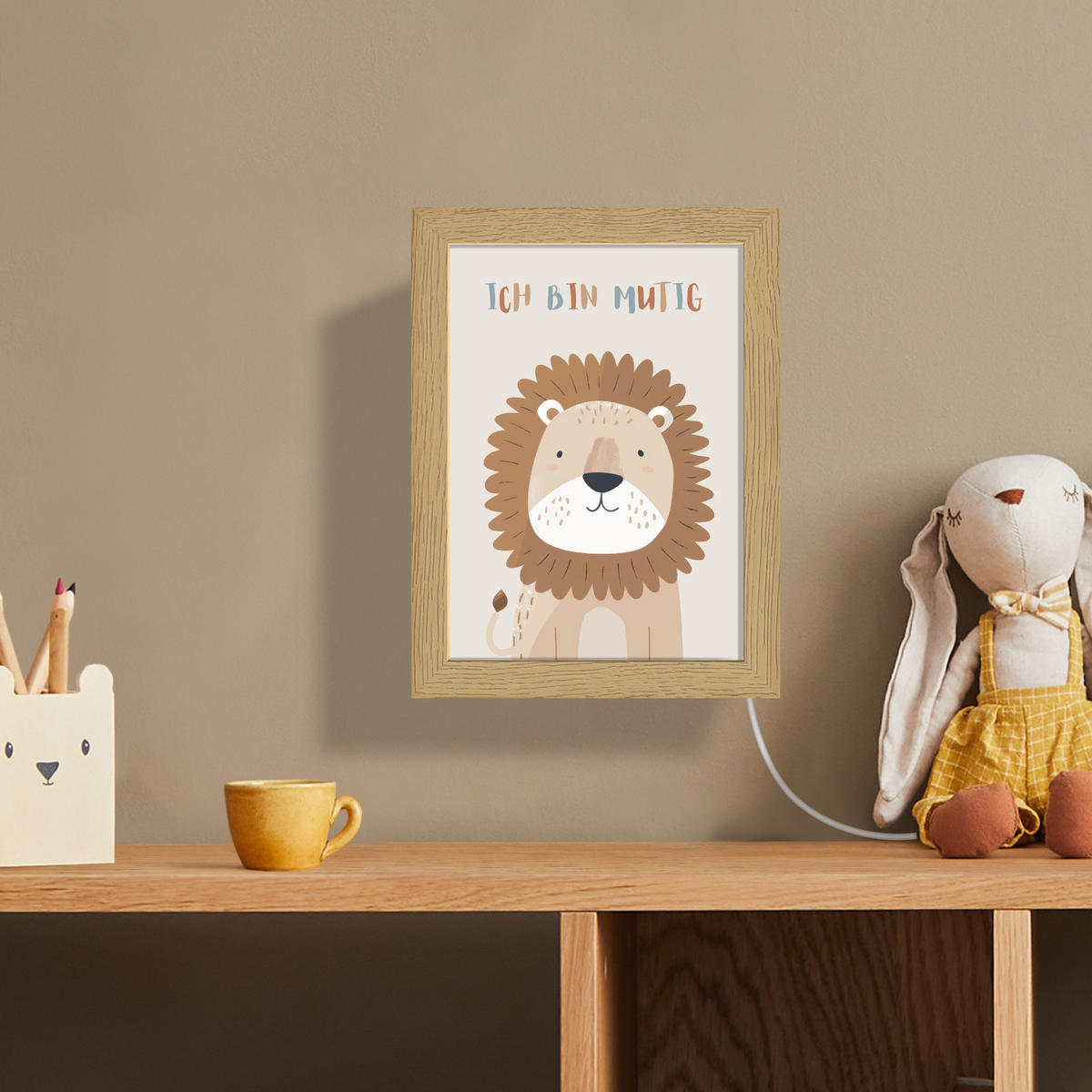 WANDLEUCHTE Löwe - Beige - Tier - Mutig - Zitat 15x20 cm - Beige, Holzwerkstoff (15/20/8cm) - OnlyWow