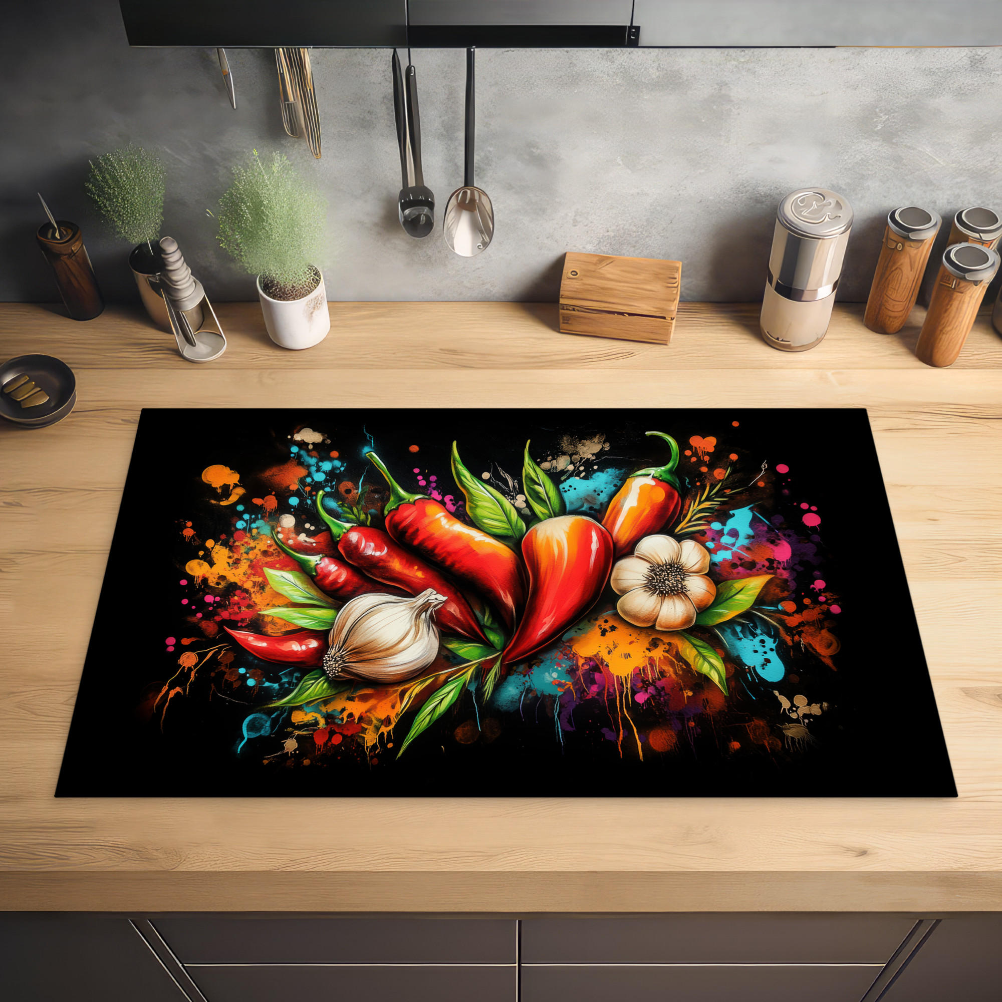 HERDABDECKPLATTE Gemüse - Paprika - Knoblauch - Graffiti - Farbe - Bunt 85x52 cm - Rot, Kunststoff (85/0.2/52cm) - MuchoWow