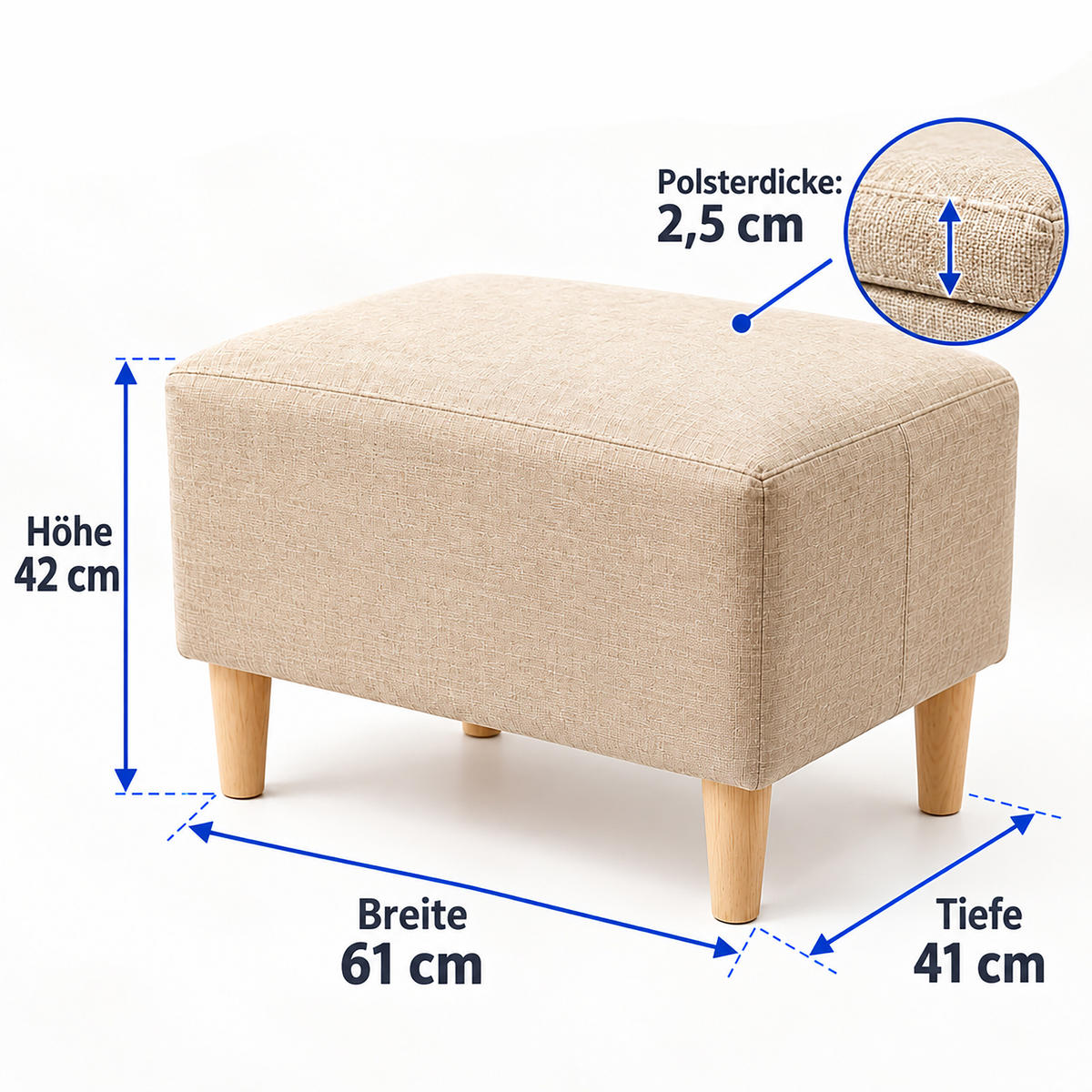 FUSSHOCKER Beige gepolstert Holzfüße - Beige, Holz/Textil (61/42/41cm) - Relaxdays