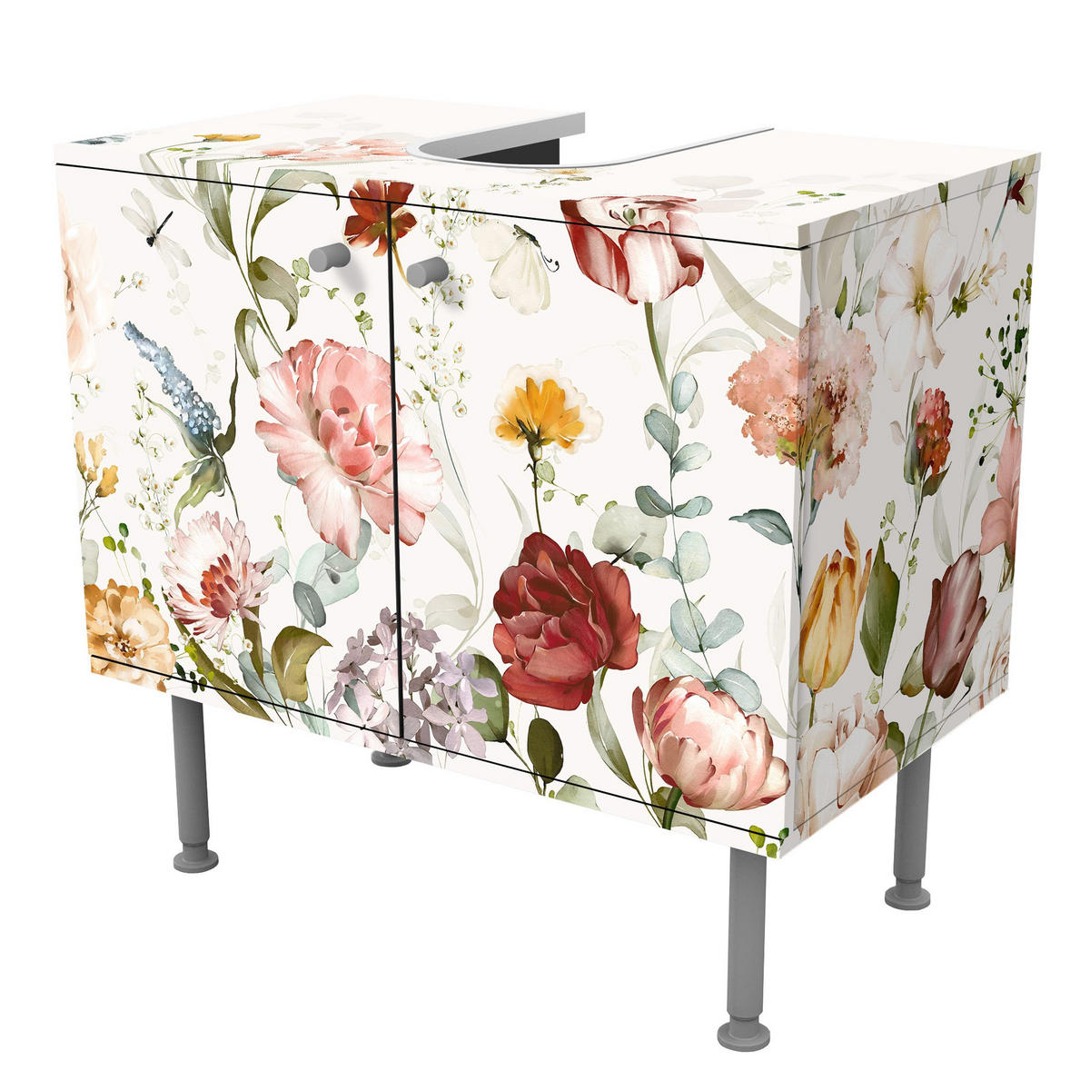 WASCHBECKENUNTERSCHRANK Rankende Blumen Aquarell 60/55/35 cm - Pastellblau, Holzwerkstoff (60/55/35cm) - Bilderwelten