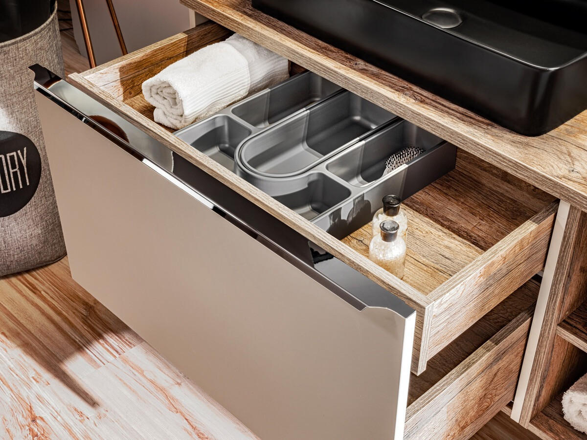 BADMÖBEL-SET 12 Teile - Santa Fe Taupe S BM32 in Clay Grey / Santa Fe Vintage Oak - Graubraun, Holz (180/160/46cm)