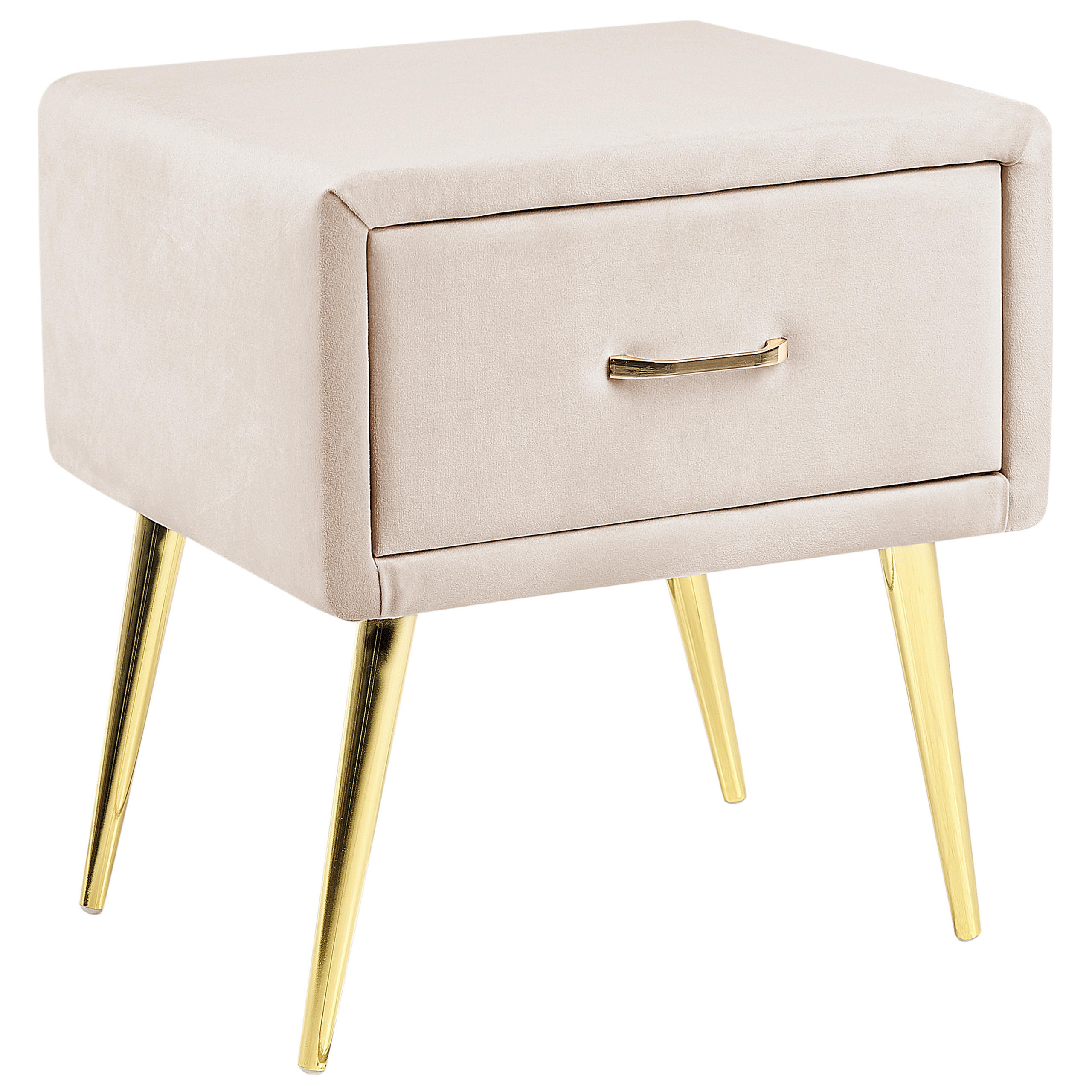NACHTTISCH Samtstoff beige/gold 1 Schublade 38/46/49 cm Flayat - Beige/Roségold, Textil (46/49/38cm) - Beliani