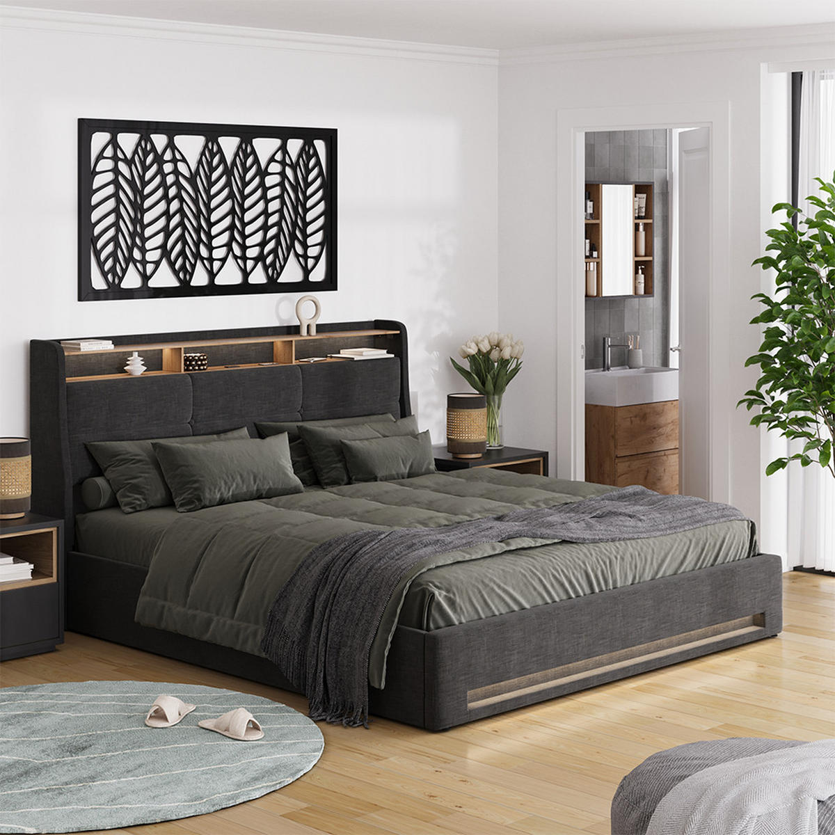 ČALOUNĚNÁ POSTEL Christin Antracit/dub - antracitová, kompozitní dřevo - VitaliSpa