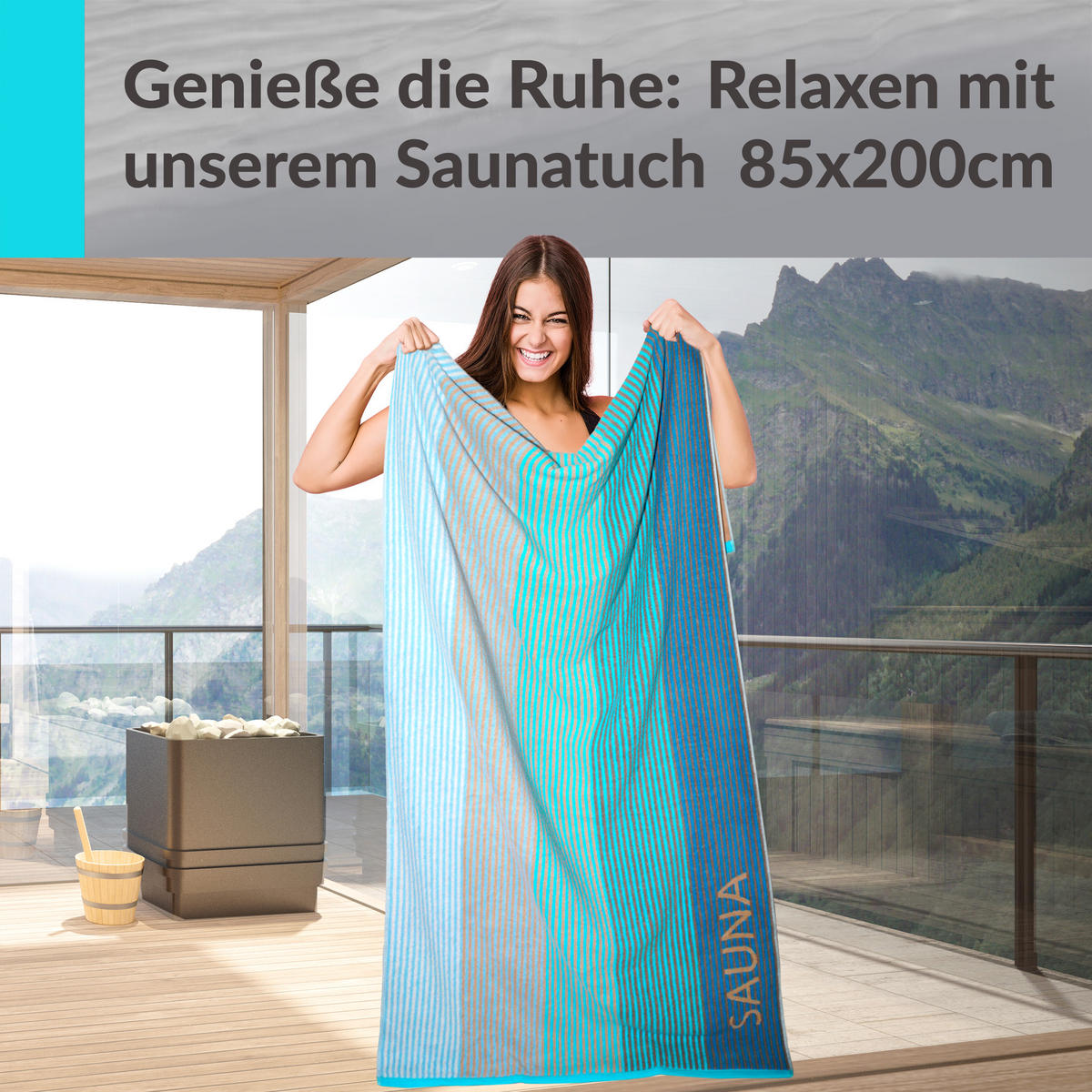 SAUNAHANDTUCH Helsinki Türkis – Beige 85x200 cm - Türkis/Beige, Textil (85/200cm) - Lashuma