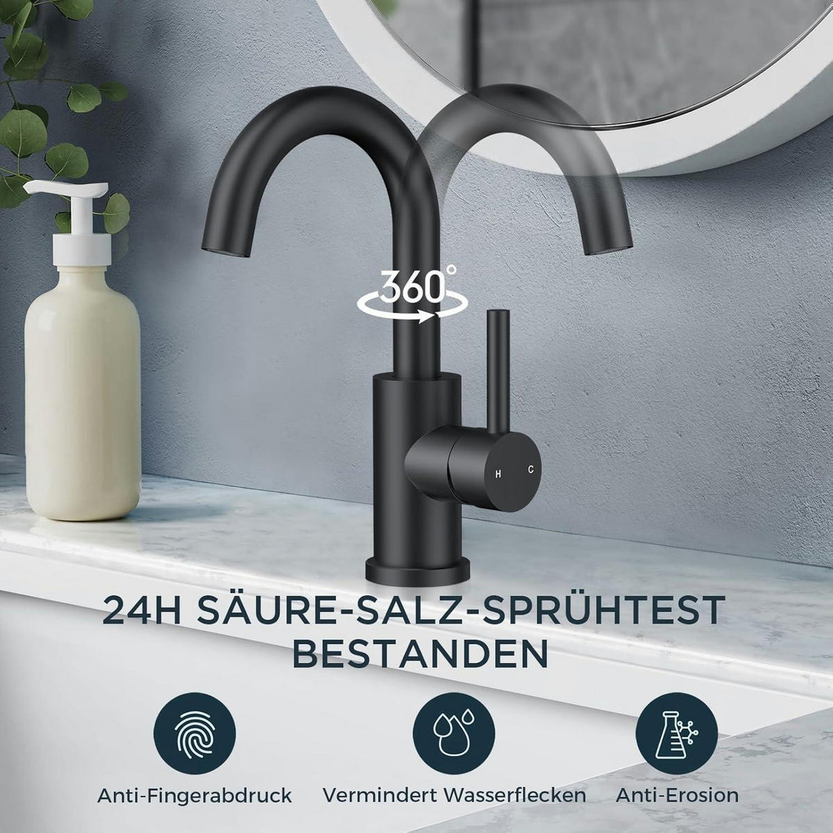 WASCHTISCHARMATUR Schwarz 360° drehbar mit Einhandgriff - Schwarz, Metall (6.9/12.7/25cm)