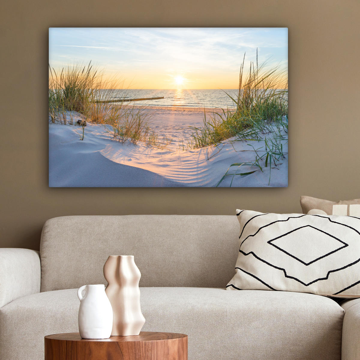 LEINWANDBILD Strand - Sonne - Düne - Gras - Sand - Horizont Gemälde 60x40 cm - Hellblau, Textil (60/40cm) - MuchoWow