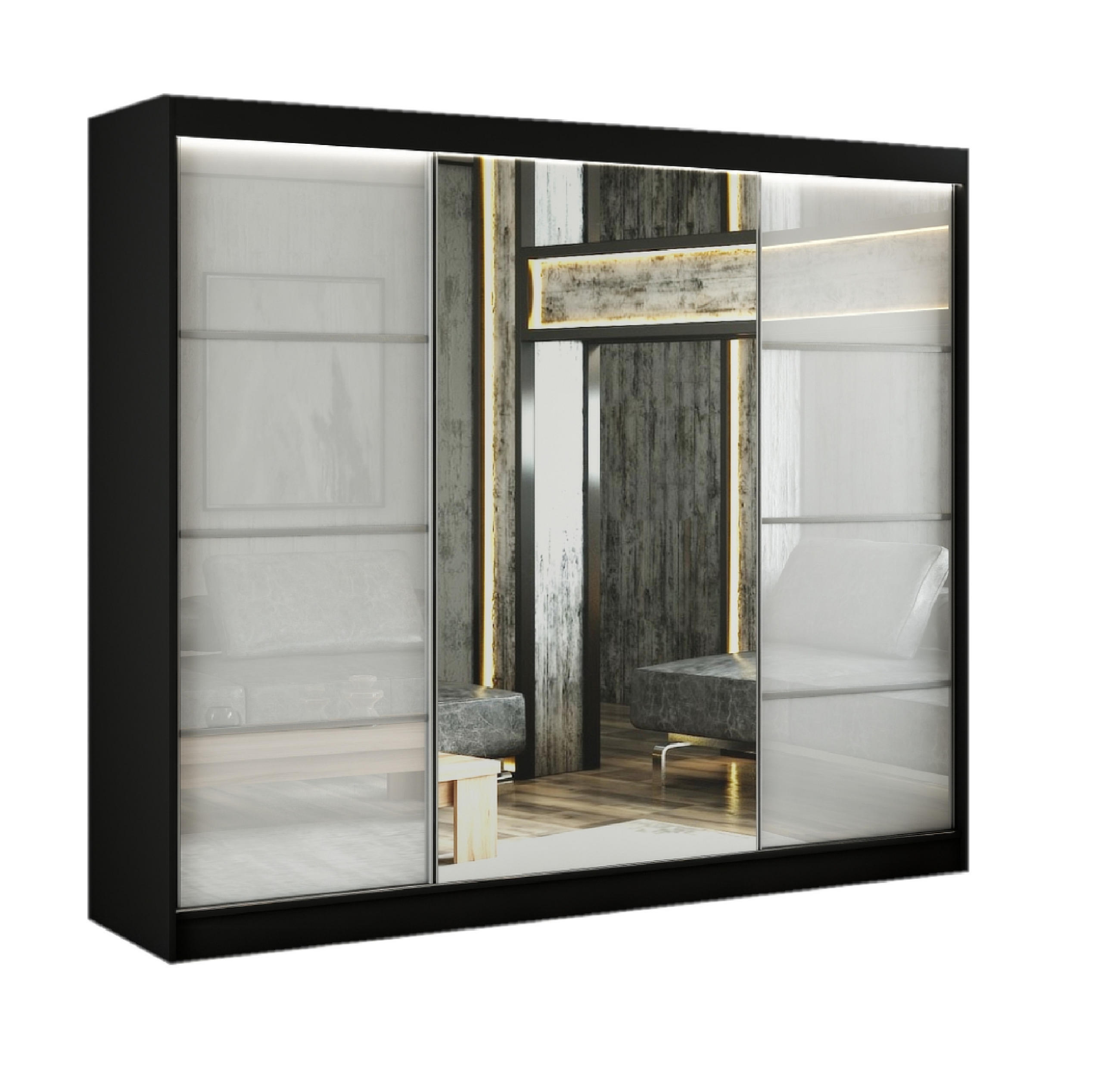 SCHWEBETÜRENSCHRANK Venus III 250 cm mit Spiegel 3-türig, schwarz, lacobel weiß - Schwarz/Weiß, Kunststoff (250/215/61cm) - Margaret Hadas24