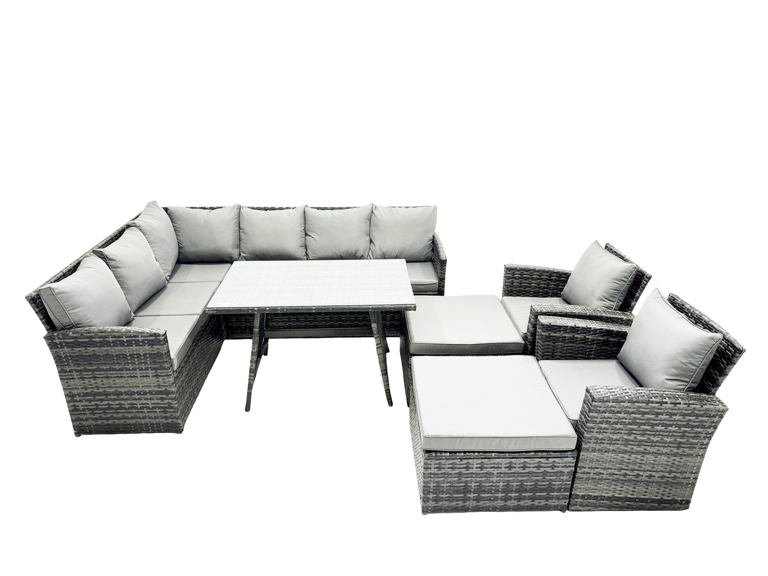 SITZGRUPPE mit Ecksofa,große Fußhocker,Stuhl Polyrattan Dunkelgrau 11-Sitzer - Dunkelgrau/Grau, Glas/Kunststoff - Fimous