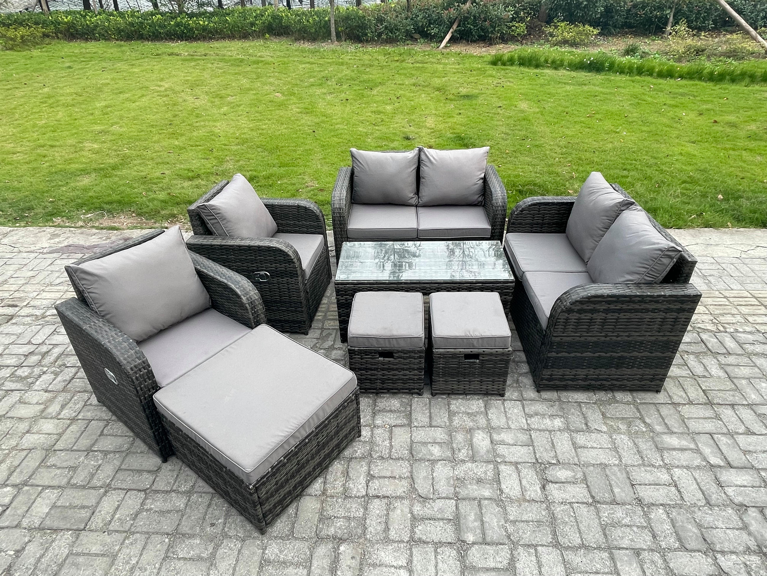 GARTENSOFA SET mit LIEGESTUHL Polyrattan 9-Sitzer Dunkelgrau - Dunkelgrau/Grau, Glas/Kunststoff - Fimous