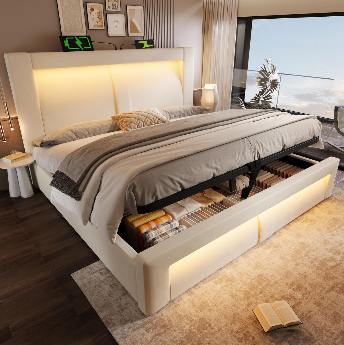 POLSTERBETT 180/200 cm mit Bettkasten, LED-Beleuchtung, USB-C und Ladefunktion, Samt, Beige - Beige, Textil (180/200cm) - Redom
