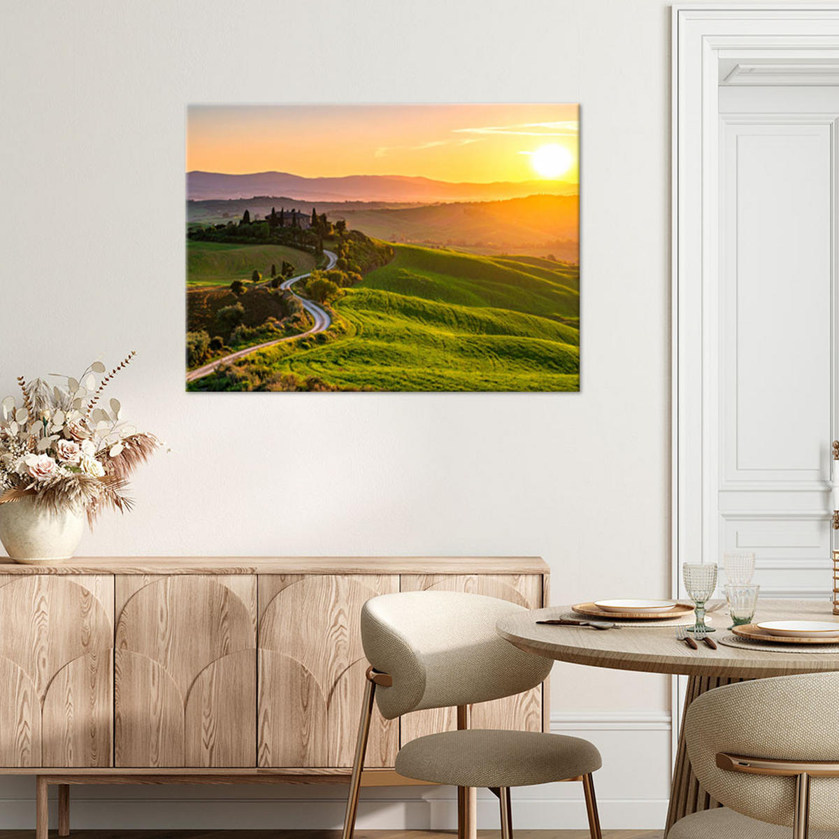 LEINWANDBILD Toskana Landschaft Sonnenuntergang 90x60cm - Grün, Textil (90/60cm) - Feeby