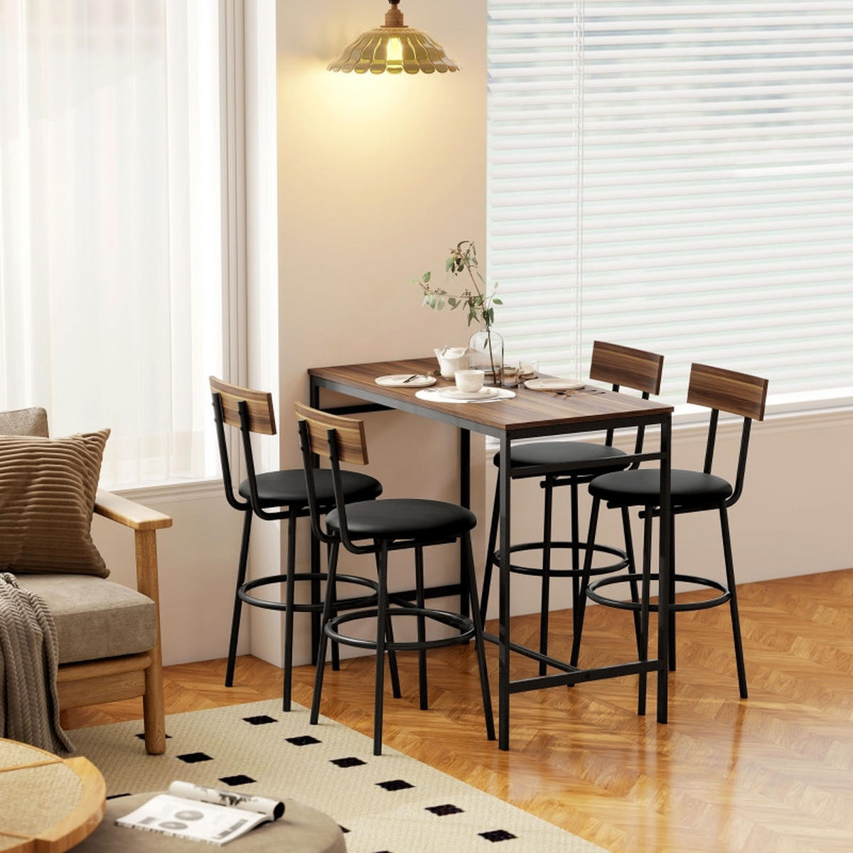 BARTISCH-SET DE-39299 110/55 cm Tisch mit 4 Hockern Braun/Schwarz - Braun, Holzwerkstoff (110/90/55cm) - ComfortXL