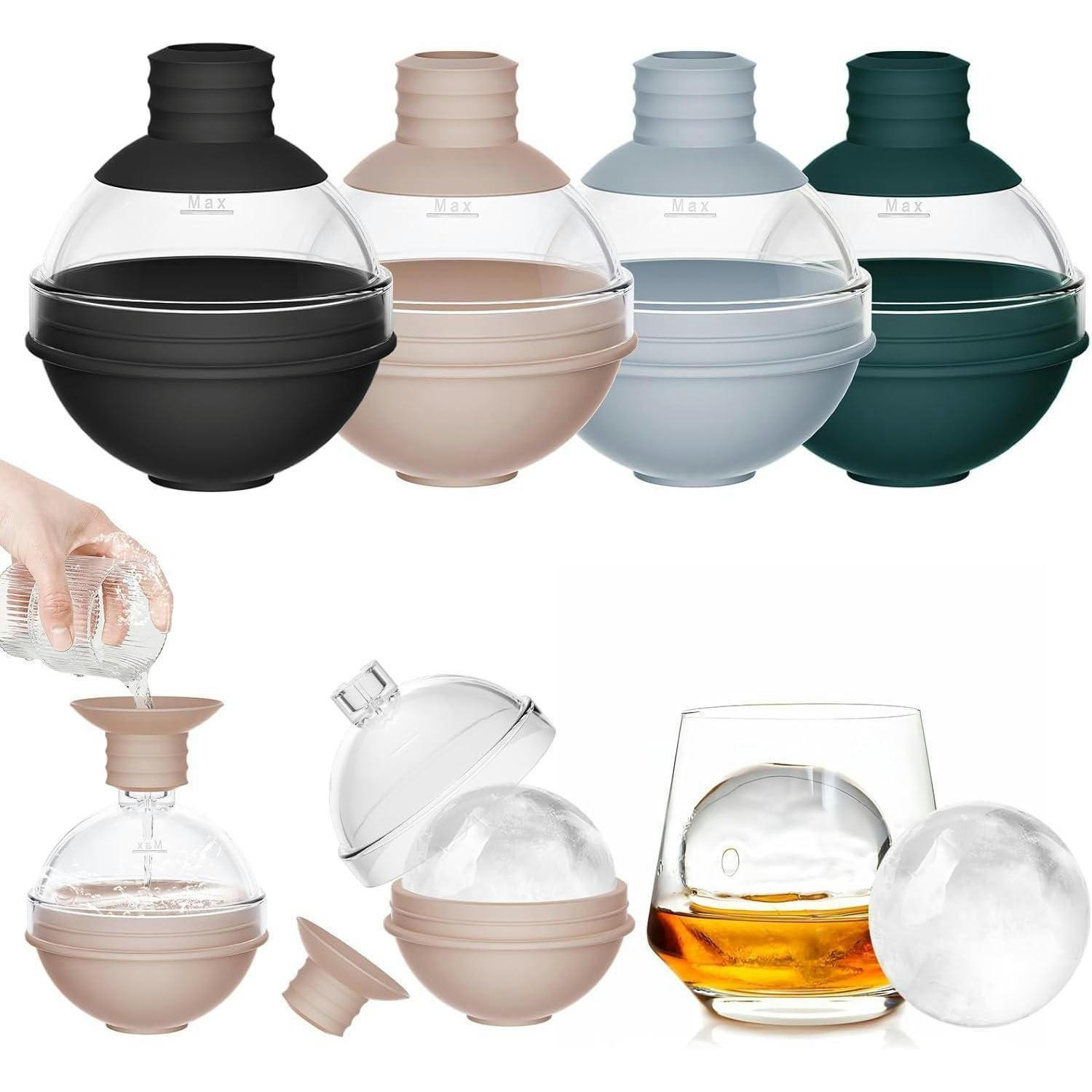 EISWÜRFELFORM 4er Set 6 cm Kugel mit Trichterdeckel - Multicolor, Kunststoff (7/8.5/7cm)