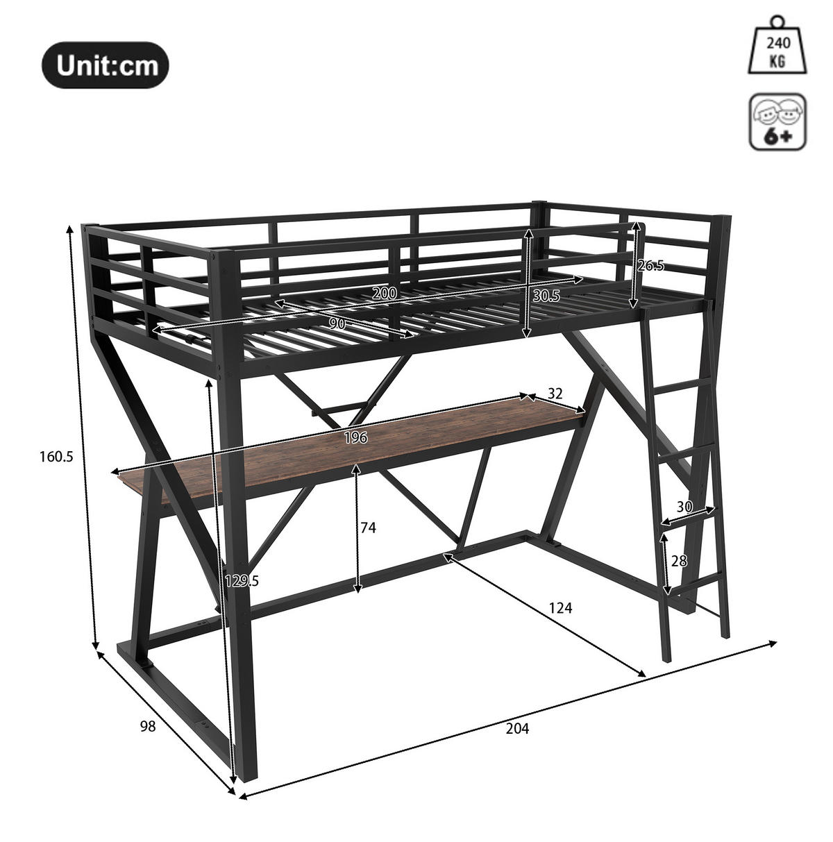 HOCHBETT 90/200 cm aus Metall mit Schreibtisch, LED, Schwarz - Schwarz, Metall (90/200cm) - OKMYHOME