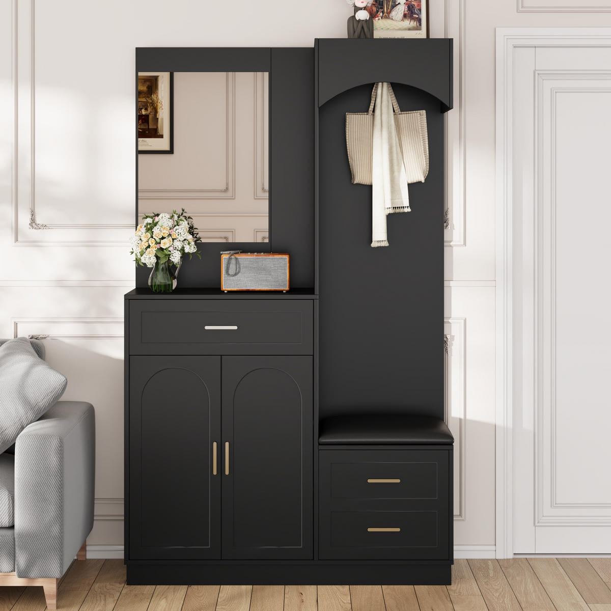 GARDEROBE-SET in Schwarz Garderobenschrank mit Spiegel und Schuhbank für Eingangsbereich und Flur, B110/T33/H185.5 cm - Schwarz, Glas/Holzwerkstoff (110/185.5/33cm) - STILVORA