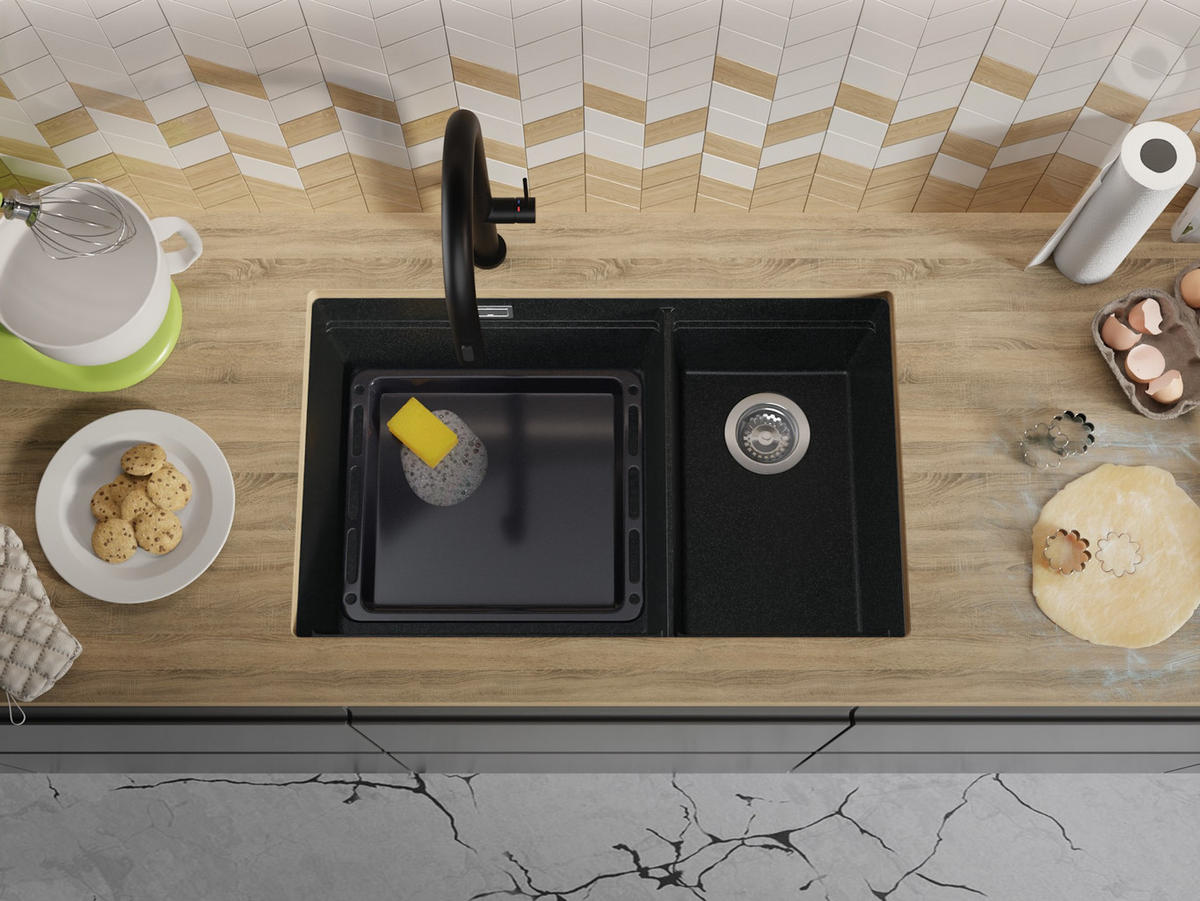 SPÜLBECKEN Praga Slim Duo, 2-er set Anthrazit 76/47 cm 2 Becken + Ablauf-Set + Aufrollbare Abtropffläche ab 80er Unterschrank - Chromfarben/Anthrazit, Kunststoff (76/20/47cm) - Primagran