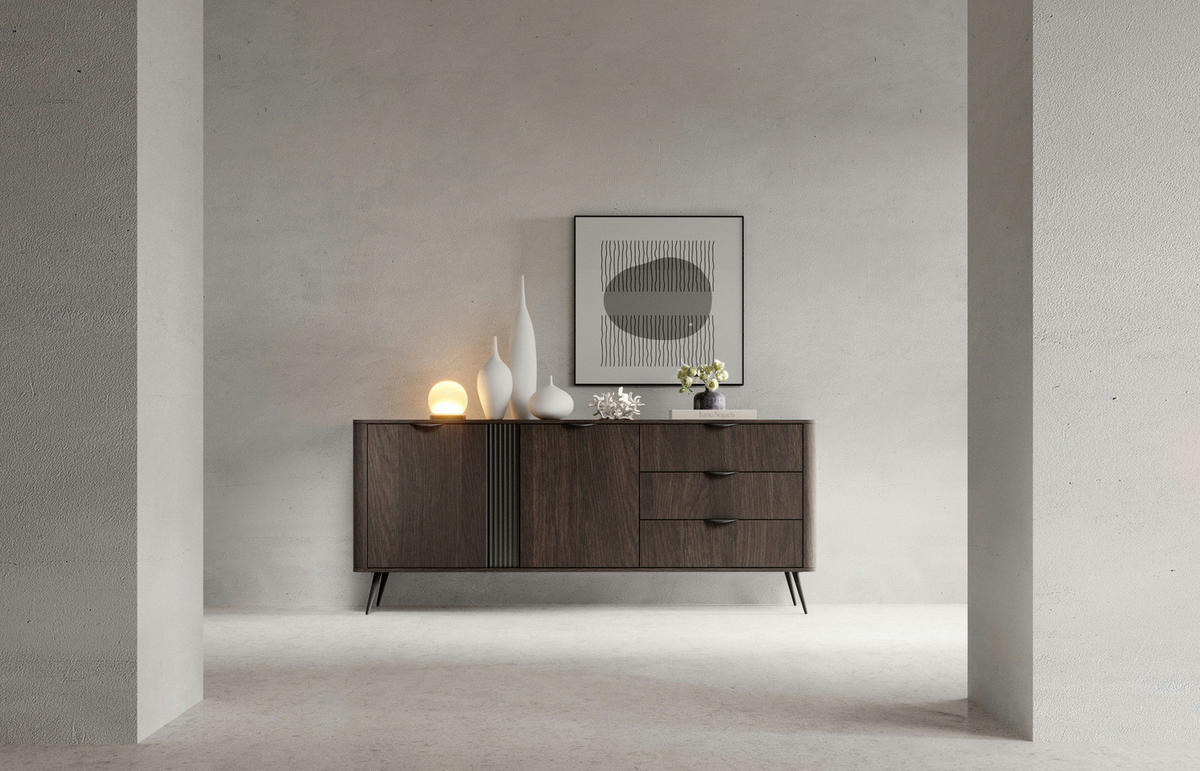 SIDEBOARD Terzo 2D 3S Eiche Dunin mit Rillendekor - Schwarz Metallfüße - Eichefarben/Schwarz, Holz/Holzwerkstoff (195/81/38cm) - Ravio