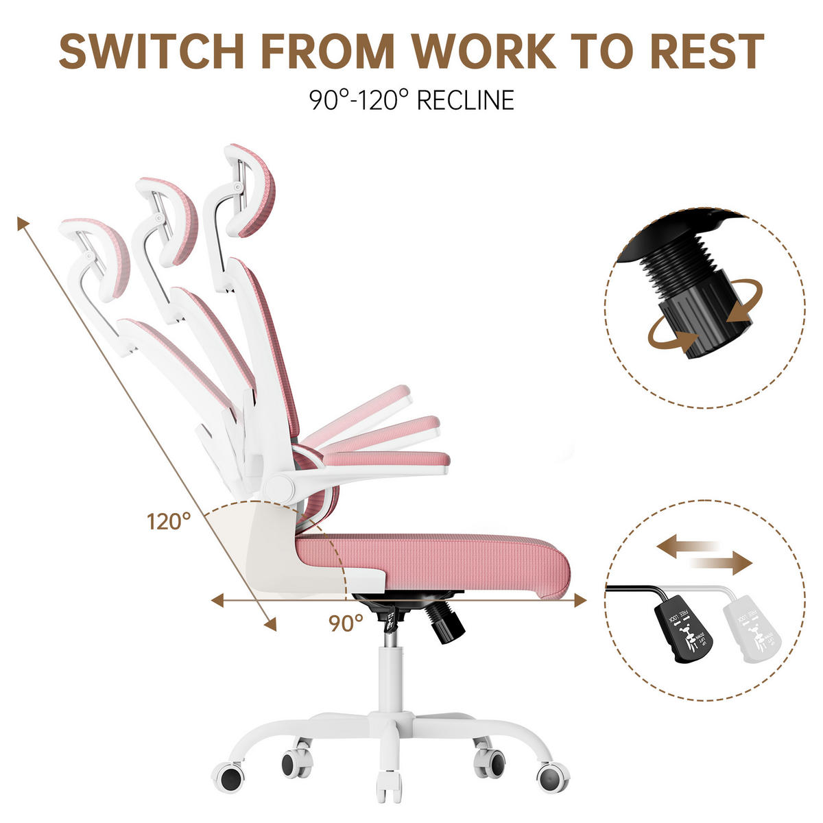 BÜROSTUHL Weiß-Pink ergonomisch mit klappbaren Armlehnen - Pink, Metall (25/52.5/65cm) - Rattrix