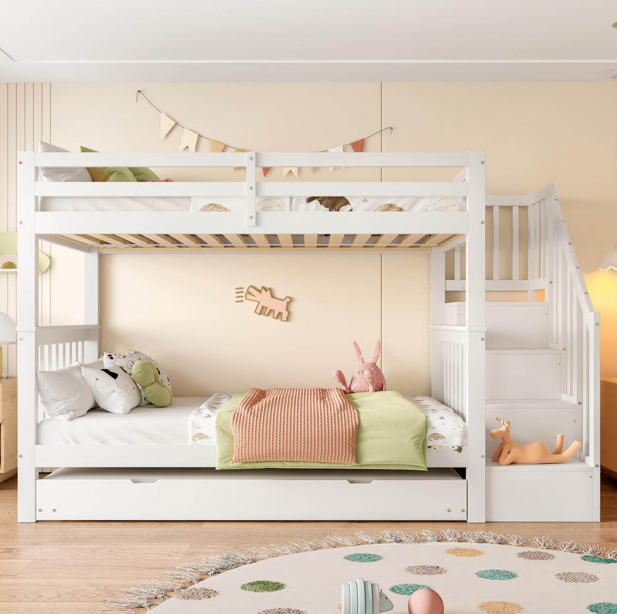 ETAGENBETT 90/200 cm in Weiß mit Rollbett, Treppenregal und hoher Absturzsicherung - Weiß, Holzwerkstoff (90/200cm) - Flora Grace