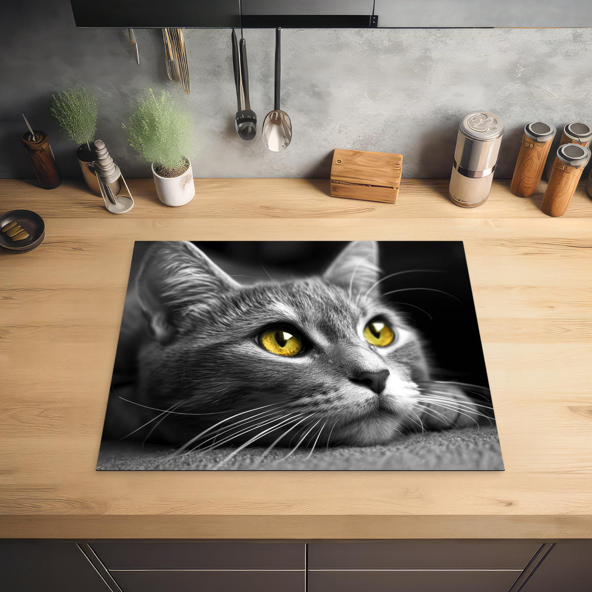 HERABDECKPLATTE - Katze - Grau - Tiere - Katze - 65x55 - Grau, Kunststoff (65/55/0.2cm) - MuchoWow