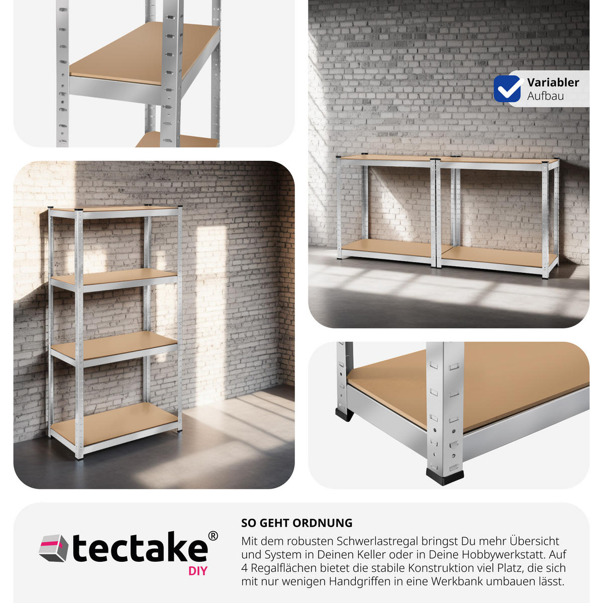 SCHWERLASTREGAL ,schnelle Montage,silber - Silberfarben, Metall (40/160/80cm) - tectake