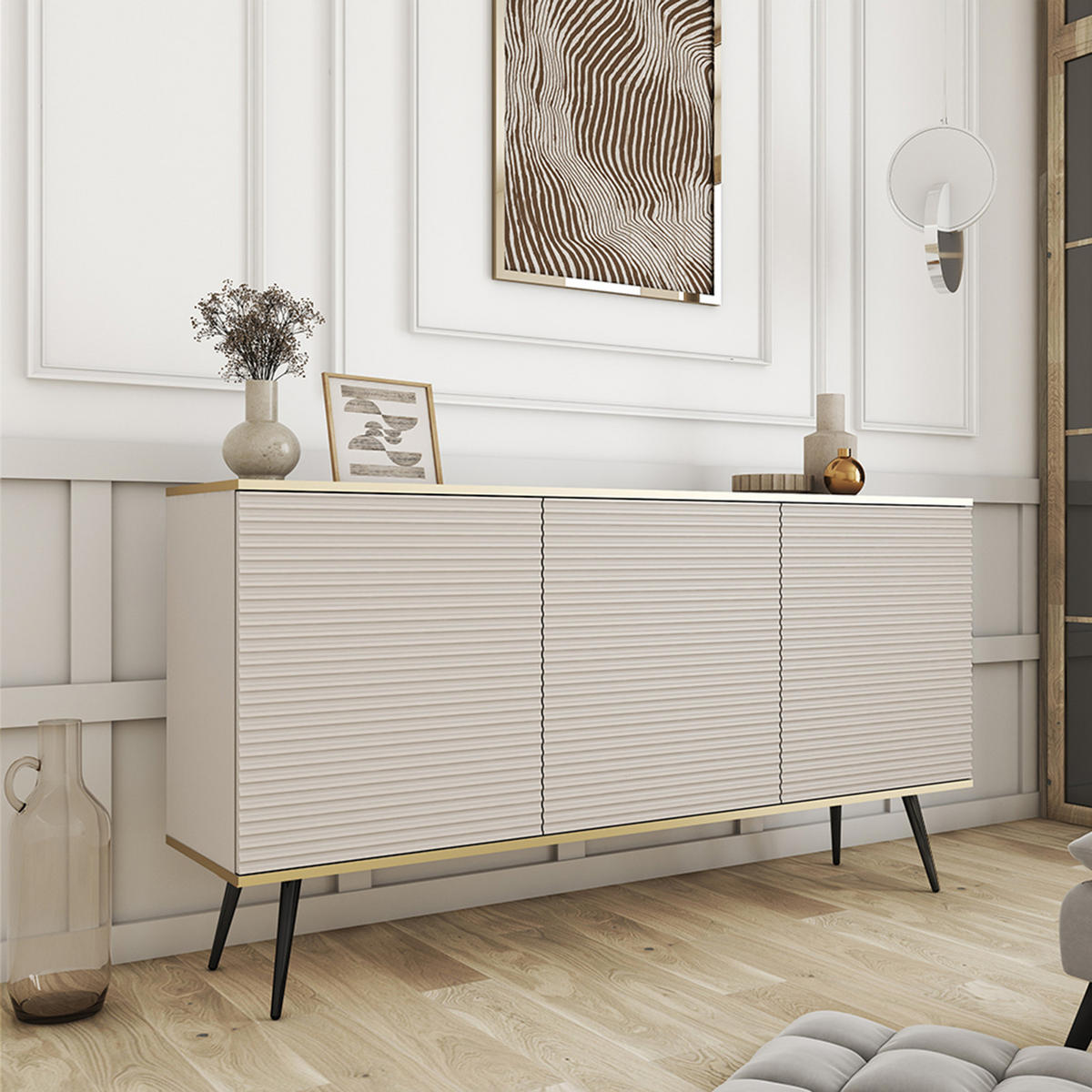 KOMMODE FORNO (Beige, Rillenfront, Goldene Details, 3 Türen, schwarze Metallfüße, 160 cm) - Beige/Schwarz, Holz/Holzwerkstoff (160/85/39cm) - Ravio