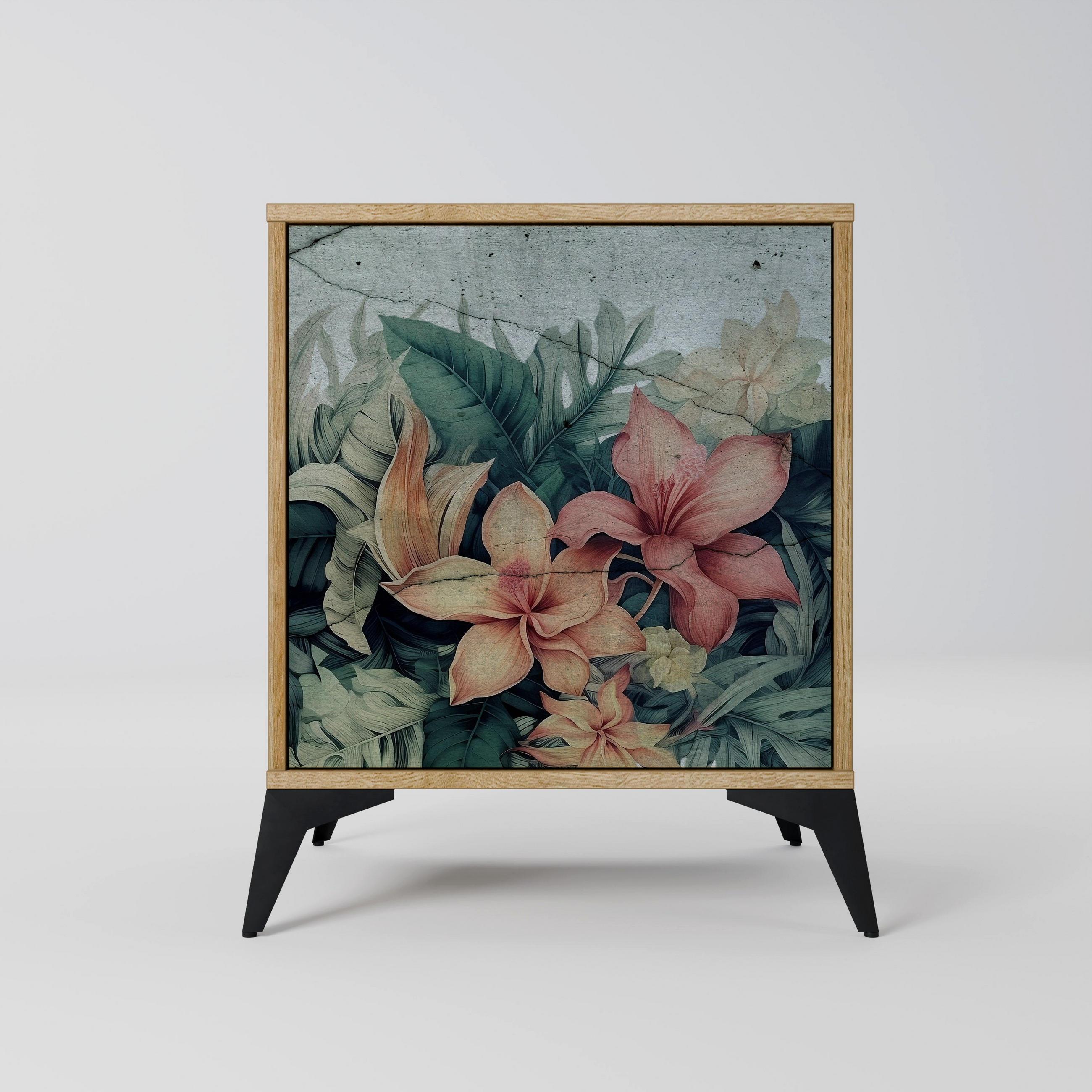 SIDEBOARD HEAVENLY BLOOM, Eichefarben, 57,5x42x70,5 cm, Schwarze Metall-Sternfüße - Eichefarben/Multicolor, Holzwerkstoff/Metall (57.5/70.5/42cm) - SpaceRebels