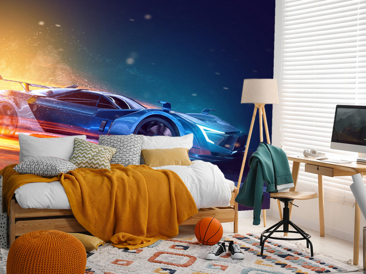 FOTOTAPETE für Jugendzimmer Futuristisches Sportwagen Neon 450x315 - Blau/Gelb, Papier (450/315cm) - Muralo