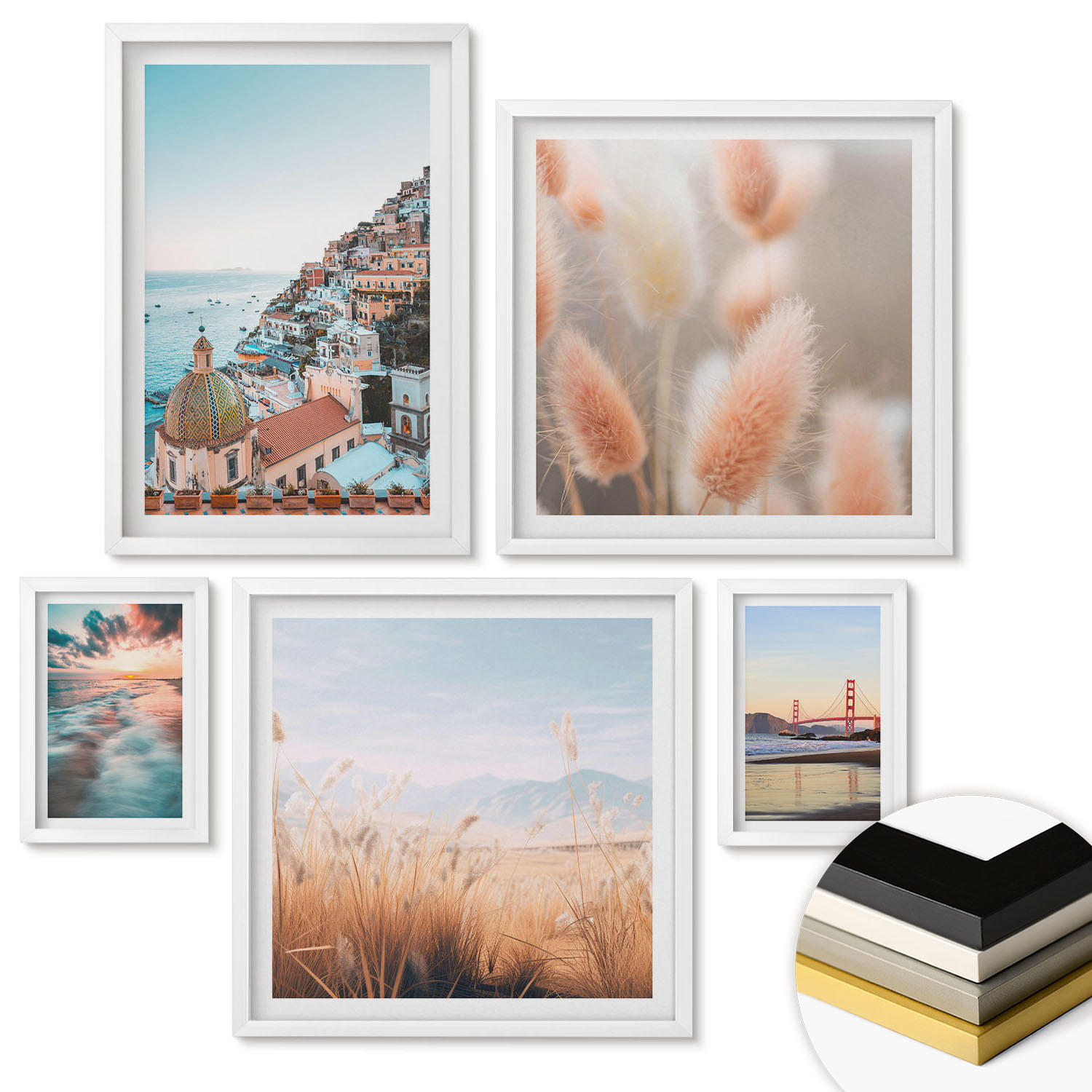 WANDBILDER 5er-Set - 50x50 cm & 20x30 cm & 40x60 cm Weißer Rahmen - Sonnenuntergang am Meer, Häuser, Blumen - Weiß, Kunststoff (40/60cm) - ArtPrintCave