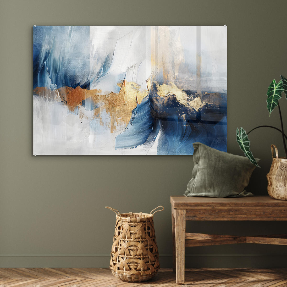 ACRYLGLASBILD Gold - Blau - Aquarell - Kunst - Modern 90x60 cm - Hellblau, Glas (90/60cm) - MuchoWow