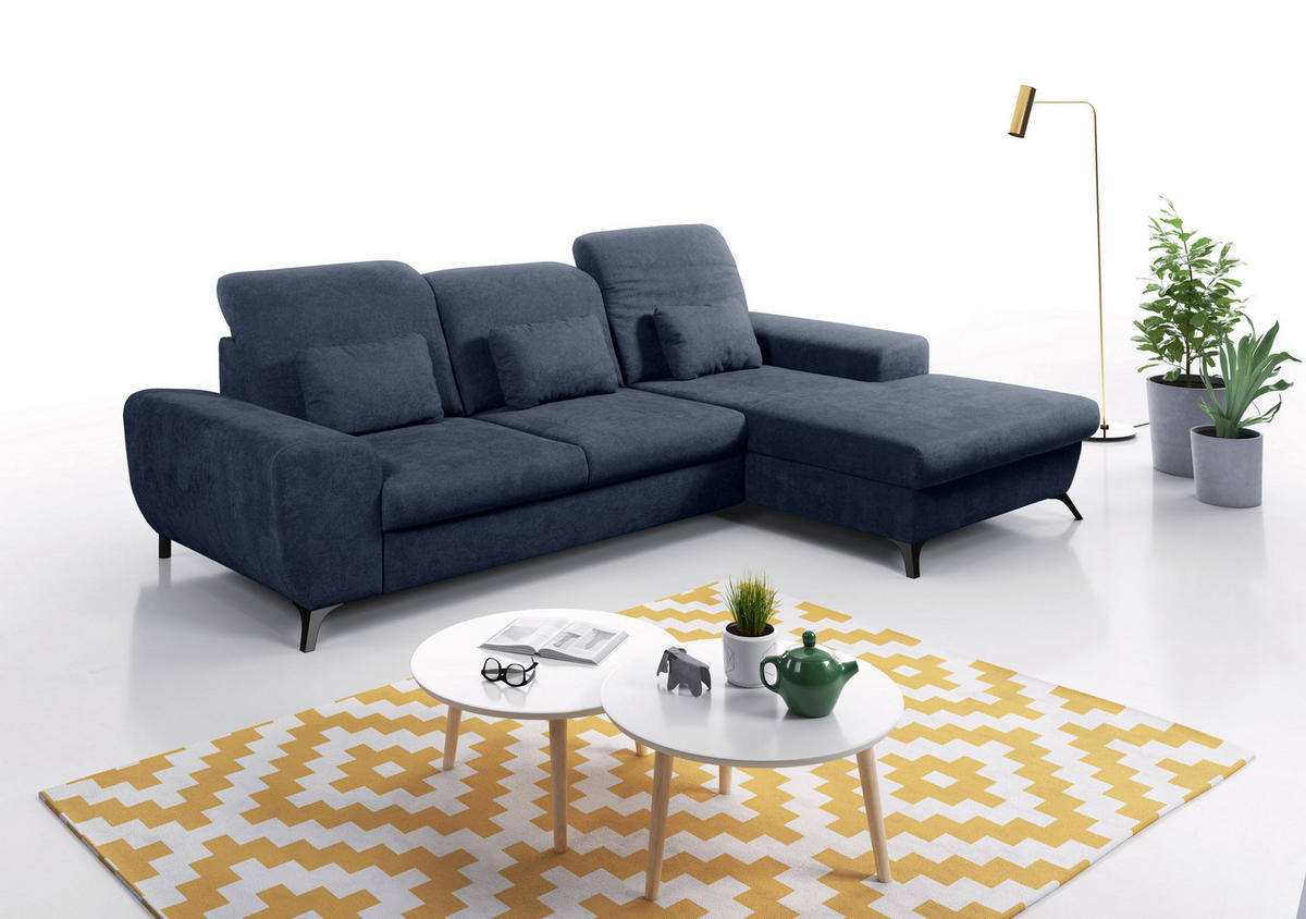 ECKSOFA LUCE R-S Blau Plüsch-Stoff mit Schlaffunktion - Blau, Holz (279/172cm) - MASSENO