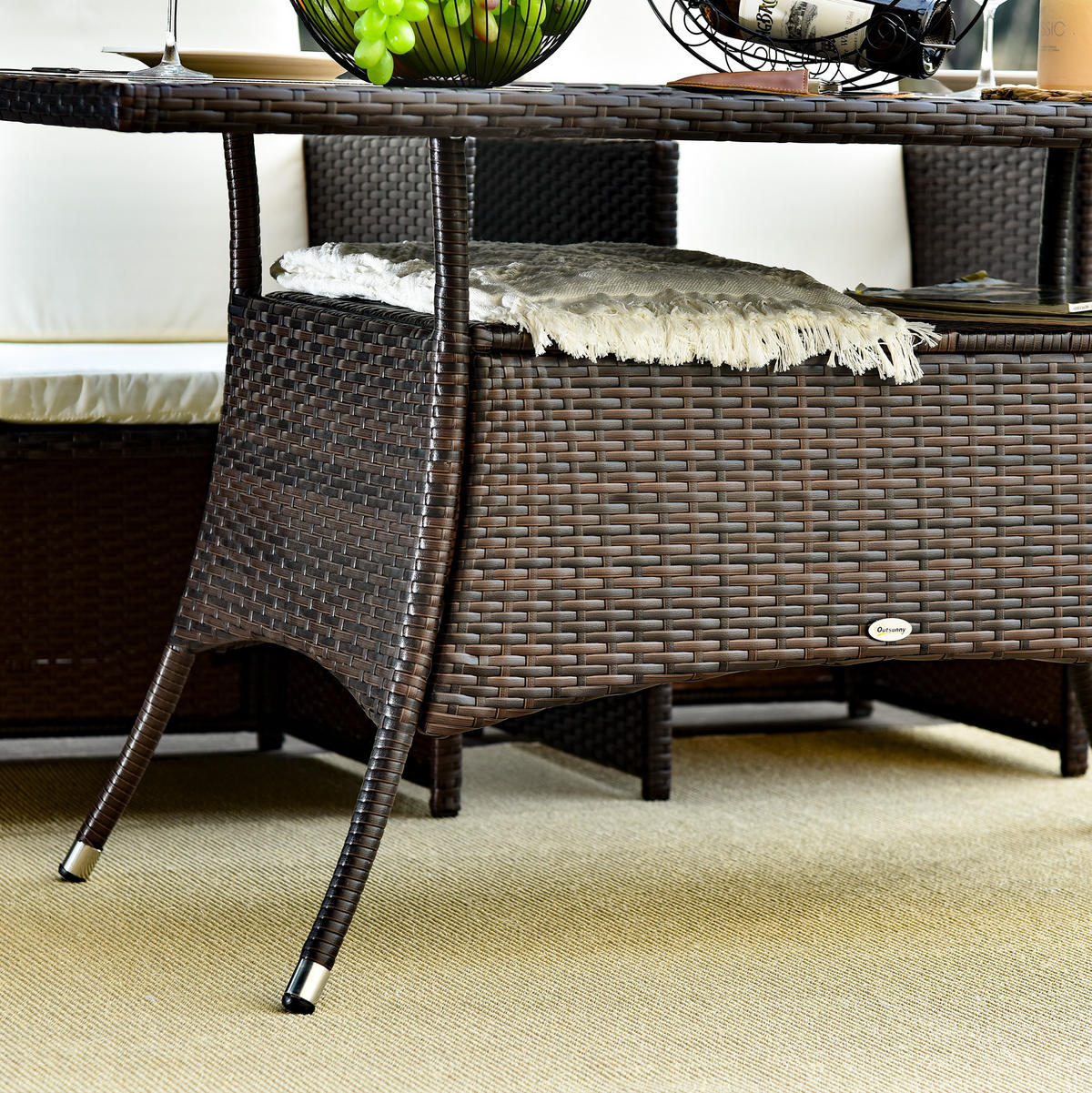 GARTENTISCH aus Polyrattan 150x85x74 cm Braun mit Sicherheitsglas - Braun, Metall (150/85/74cm) - Modfu