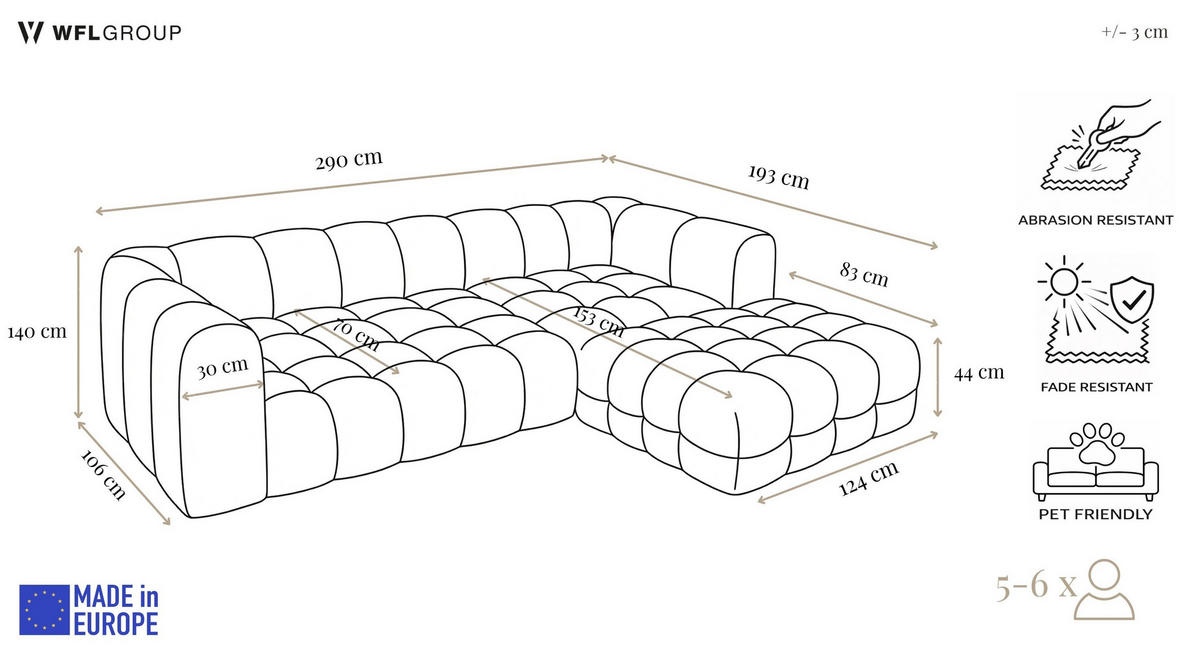 ECKSOFA Mochi L-Form 5-Sitzer Links, Samt, Beige 290/75/193 cm - Beige/Schwarz, Kunststoff/Textil (290/193cm) - WFL GROUP