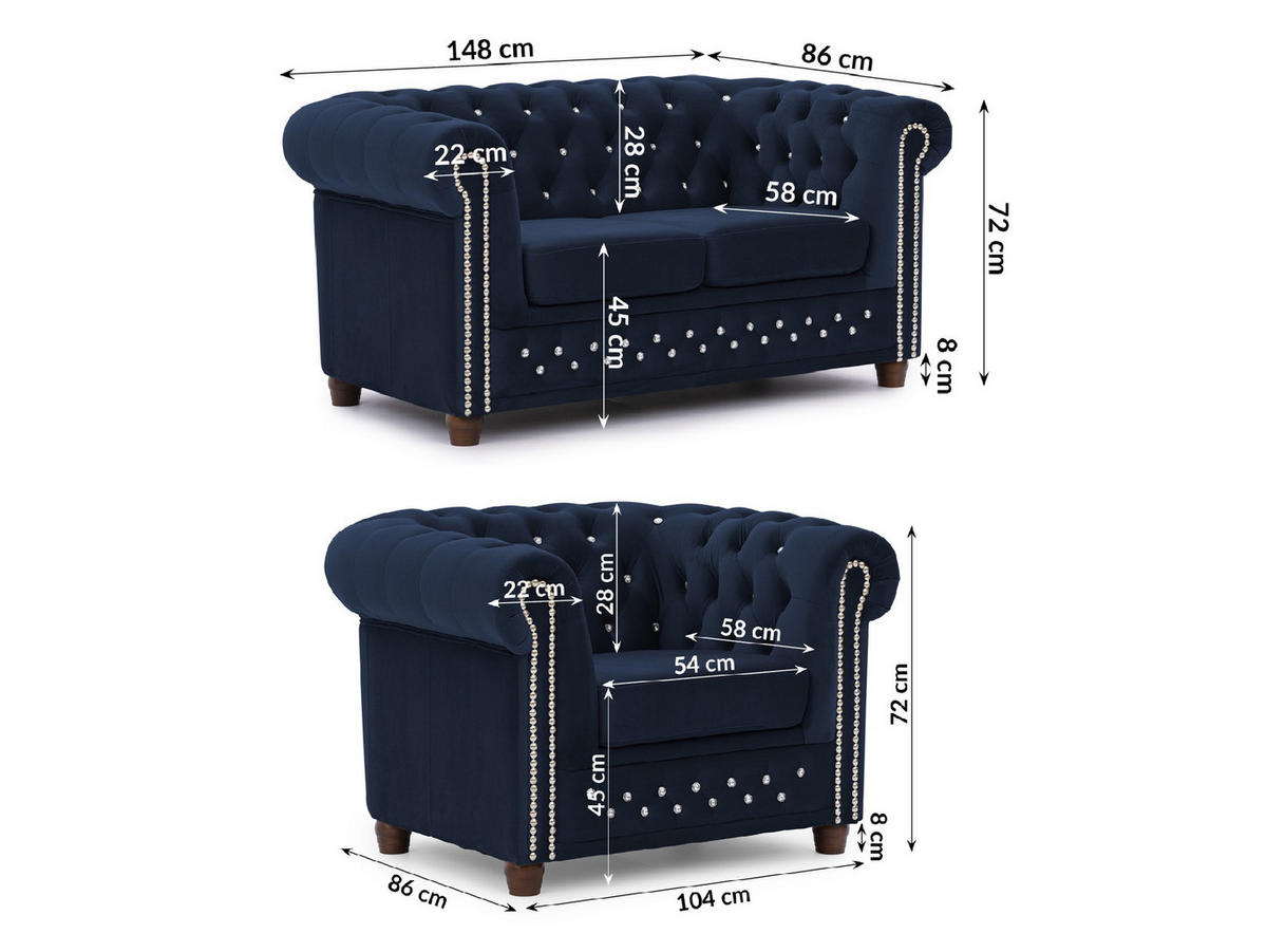 SITZGARNITUR 2+1 Chesterfield Cleo Blink Marineblau Samt mit Kristallsteppung und braunen Massivholzfüßen - Blau/Beige, Holz/Textil (148/72/86cm) - S-Style Möbel