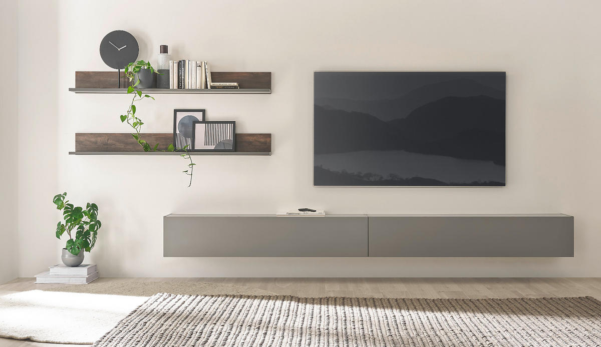 WOHNWAND Thermo Eiche, grau, Wohnkombination 3-teilig 304 x 170 cm - Eichefarben/Grau, Holzwerkstoff (304/170/30cm) - Furn.Design
