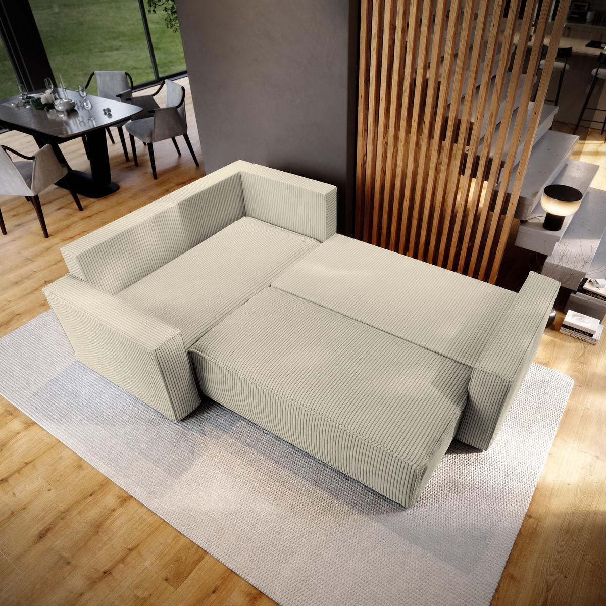 ECKSOFA ESTANO L-S Creme Kordstoff mit Schlaffunktion - Creme, Holz (230/158cm) - MASSENO