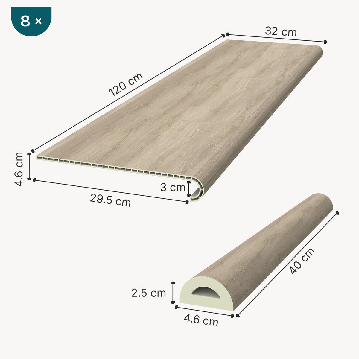 SADA OBKLADŮ SCHODŮ 8 DÍLY Bunschoten - světle hnědá, plast (120/32cm) - NEU.HOLZ