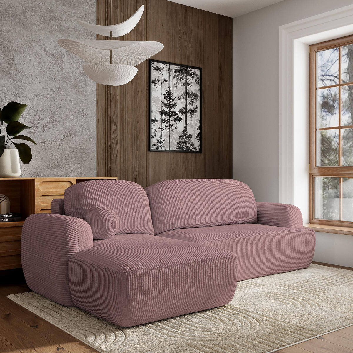 ECKSOFA MODENZA P L-S Lila Kordstoff mit Schlaffunktion - Lila, Holz (266/148cm) - MASSENO