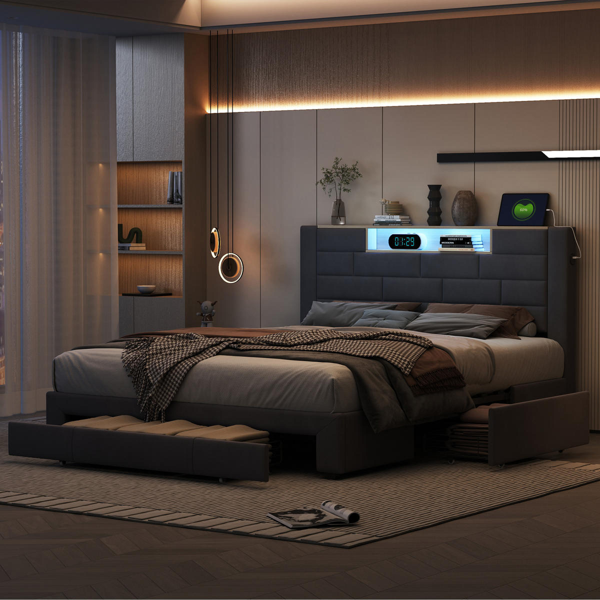 POLSTERBETT 160x200 cm, Grau, mit 3 Schubladen, LED & USB - Grau, Textil/Metall (160/200cm)