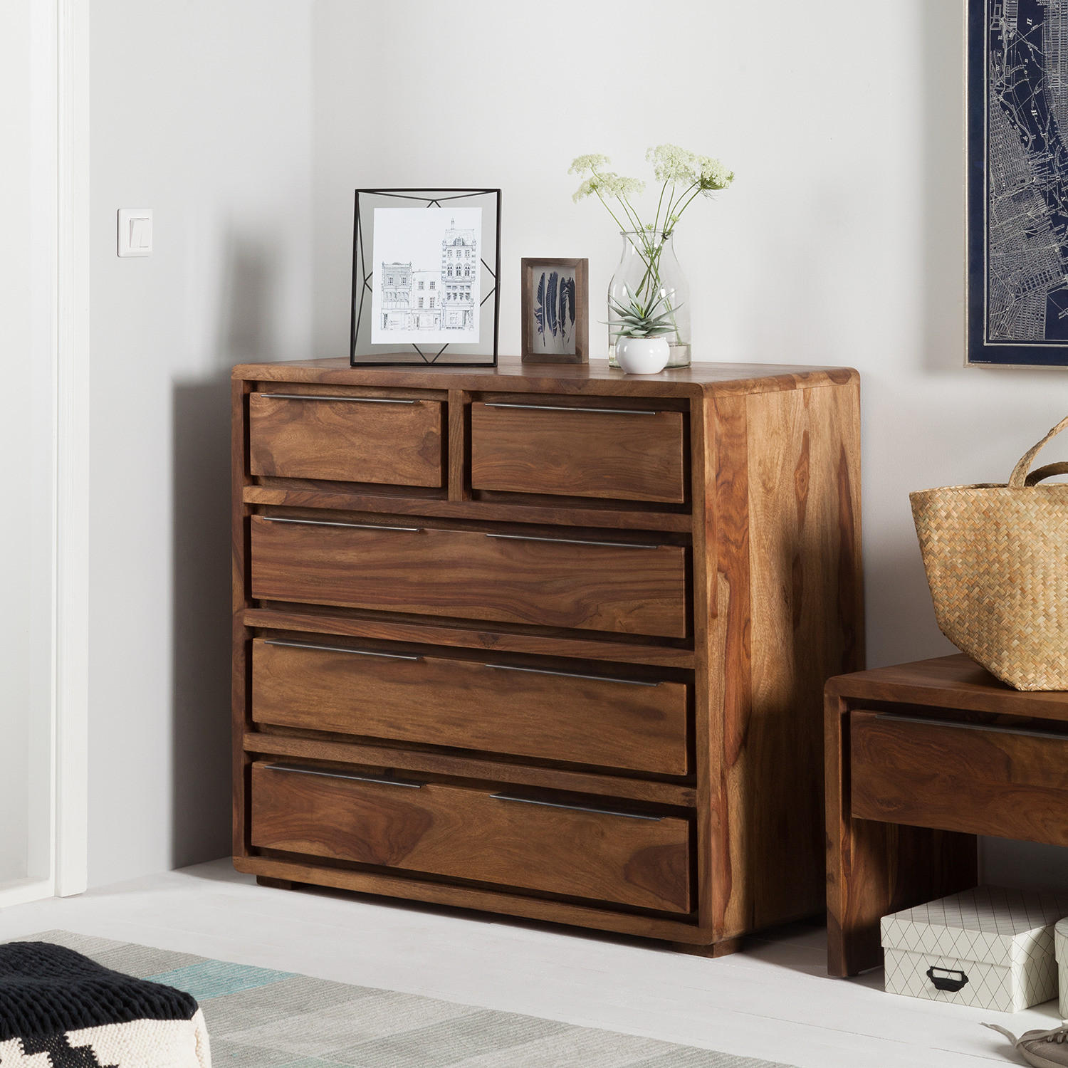 KOMMODE - Sheesham massiv - Sheeshamfarben, Holz (100/90/46cm) - home24