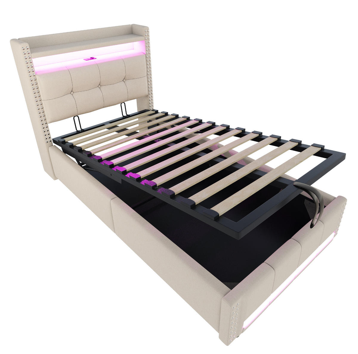 POLSTERBETT aus Leinenstoff 90x200 cm in Beige mit LED, USB & Stauraum - Beige, Textil (90/200cm) - Modfu