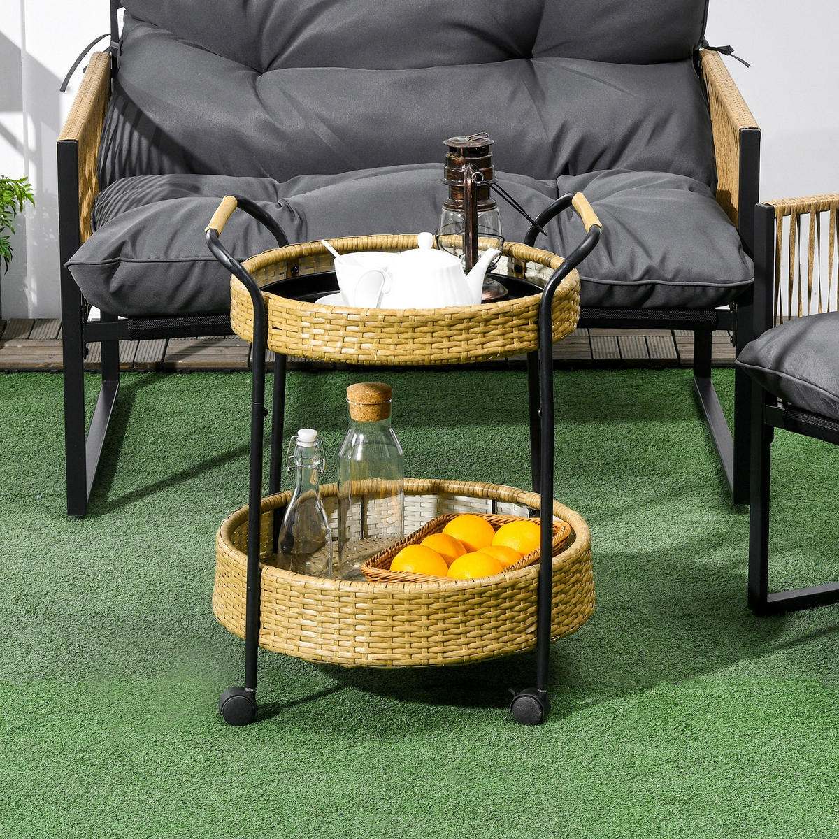 KÜCHENWAGEN 2 ETAGEN, Outdoor Barwagen mit Rollen, Polyrattan Natur - Gelb, Holzwerkstoff (50/66/50cm) - Rolipo