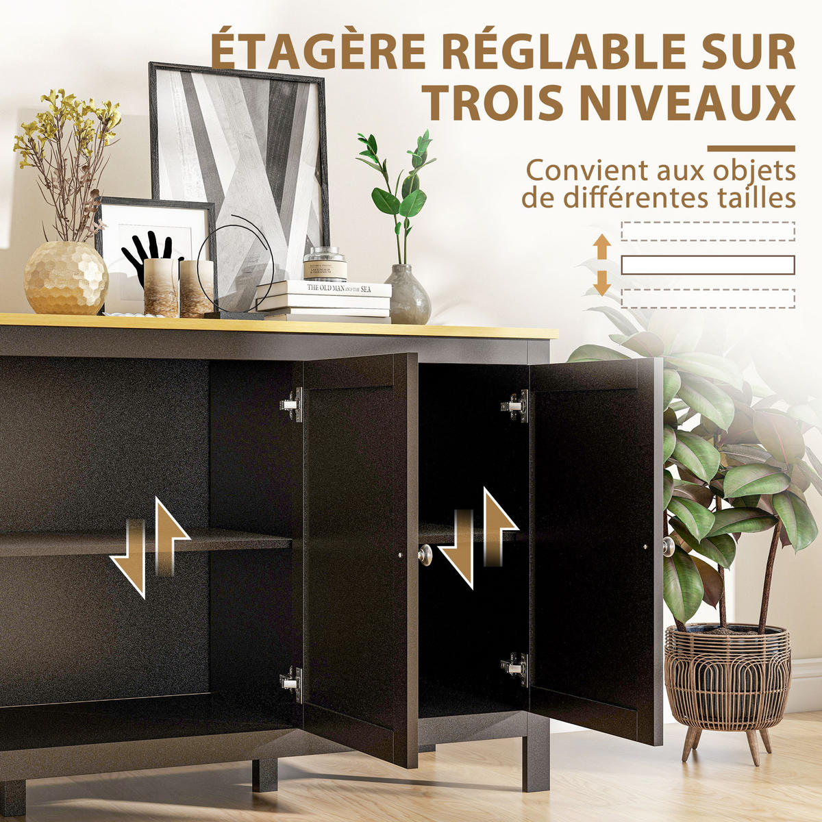SIDEBOARD Schwarz und Holzoptik, 3 Türen, 120/40/70 cm - Schwarz, Holz (120/70/40cm) - PANGIVO