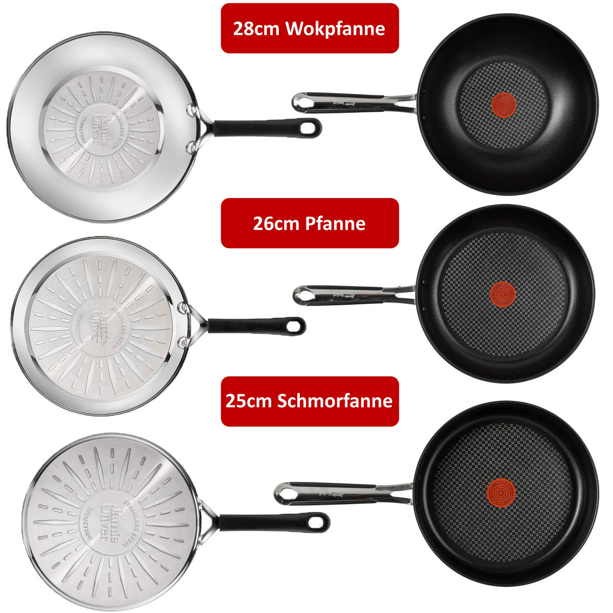 PFANNENSET Bratpfanne Edelstahl Antihaft Induktion J90934 26 cm Bratpfanne 25 cm Schmorpfanne mit Deckel 28 cm Wokpfanne ThermoSpot, Bratpfanne - Silberfarben, Keramik/Metall - Tefal